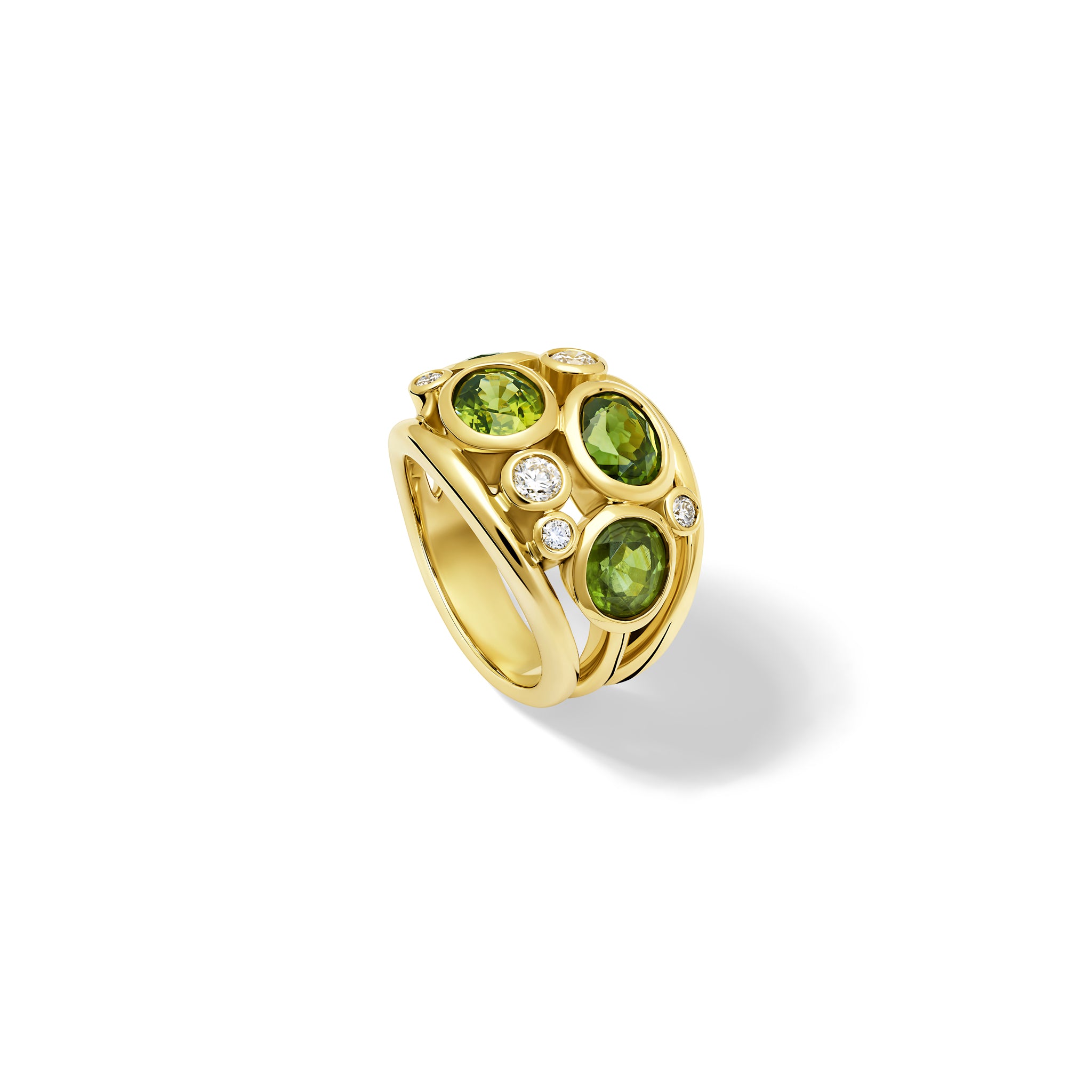 Handcrafted 18ct yellow gold ring featuring four green zircons and smaller diamonds.