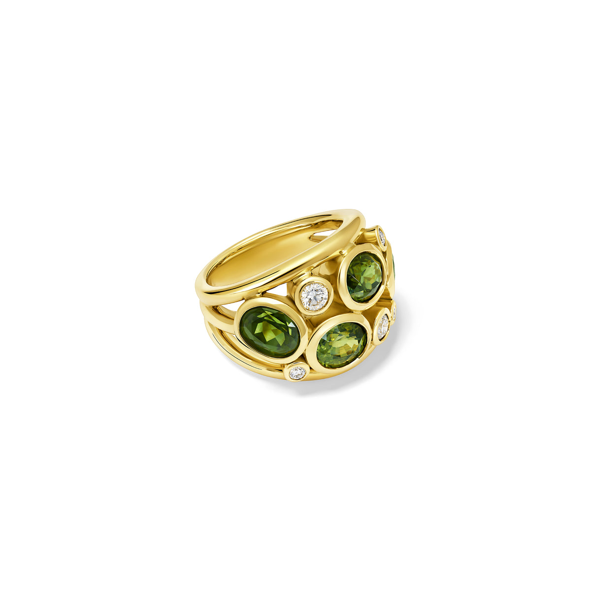 Handcrafted 18ct yellow gold ring featuring four green zircons and smaller diamonds.