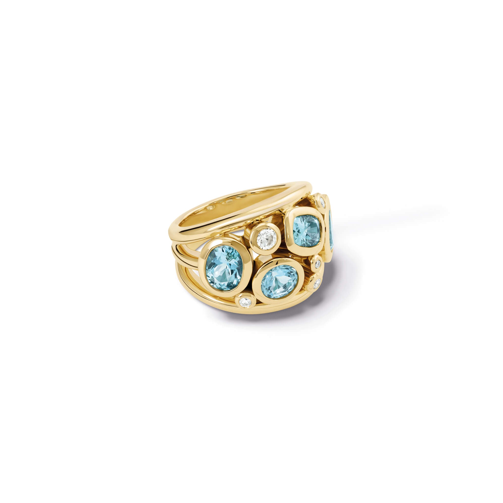 Handcrafted 18ct yellow gold ring featuring four facetted aquamarines and smaller diamonds, march birthstone