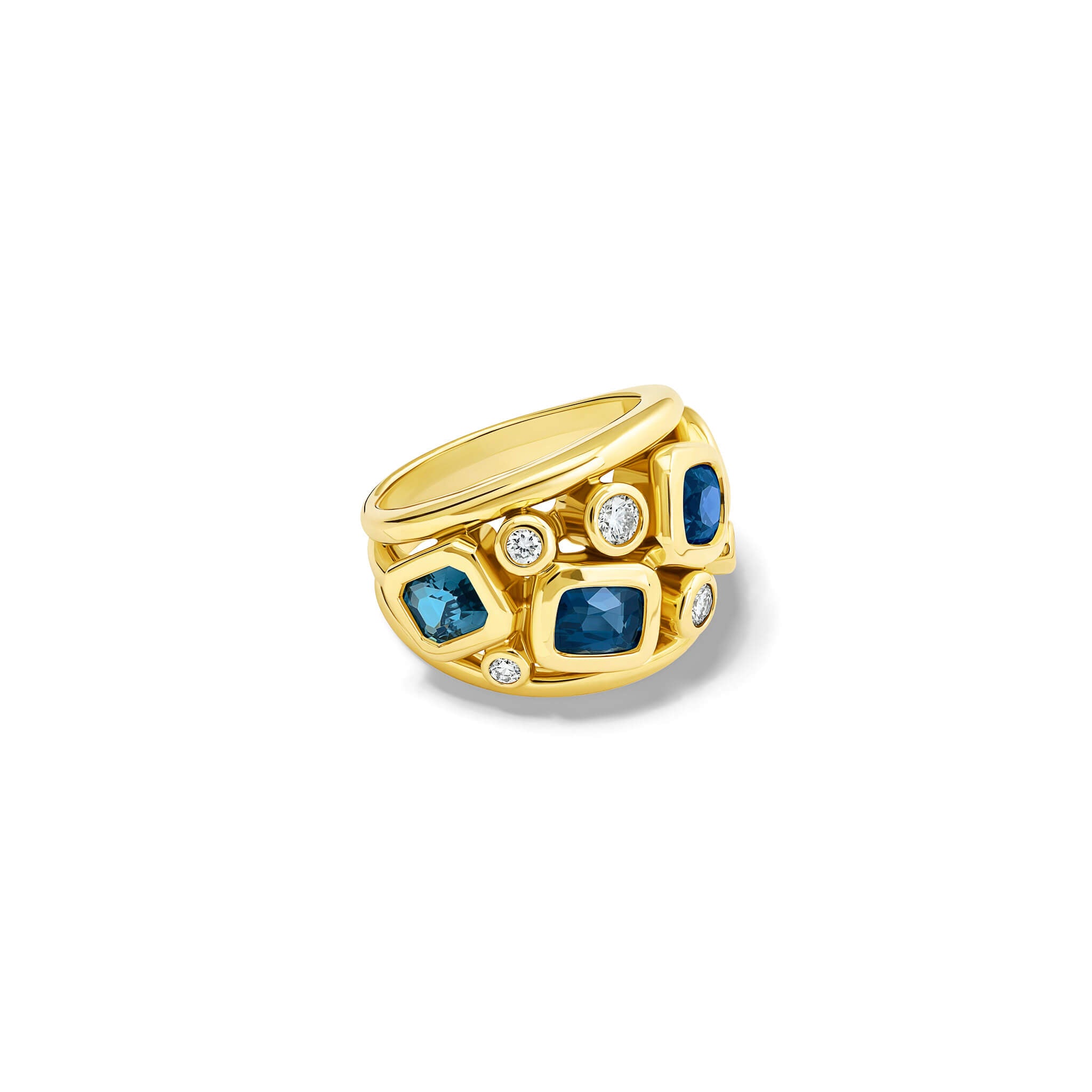 Handcrafted 18ct yellow gold ring featuring four facetted blue spinels and smaller diamonds
