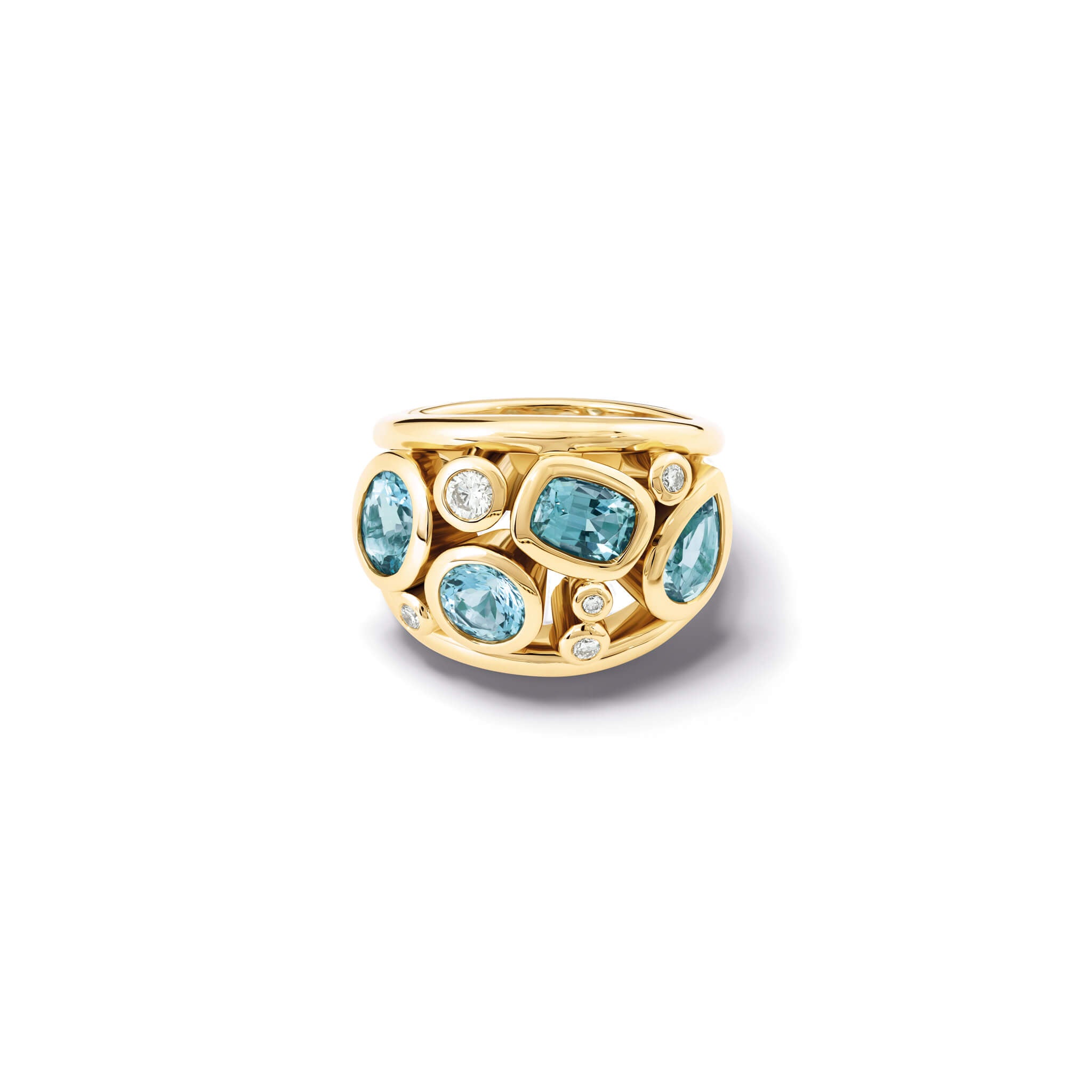 Handcrafted 18ct yellow gold ring featuring four facetted aquamarines and smaller diamonds, march birthstone