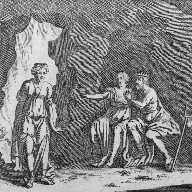 Black and white engraving of a mythical scene with three figures in classical Greek attire