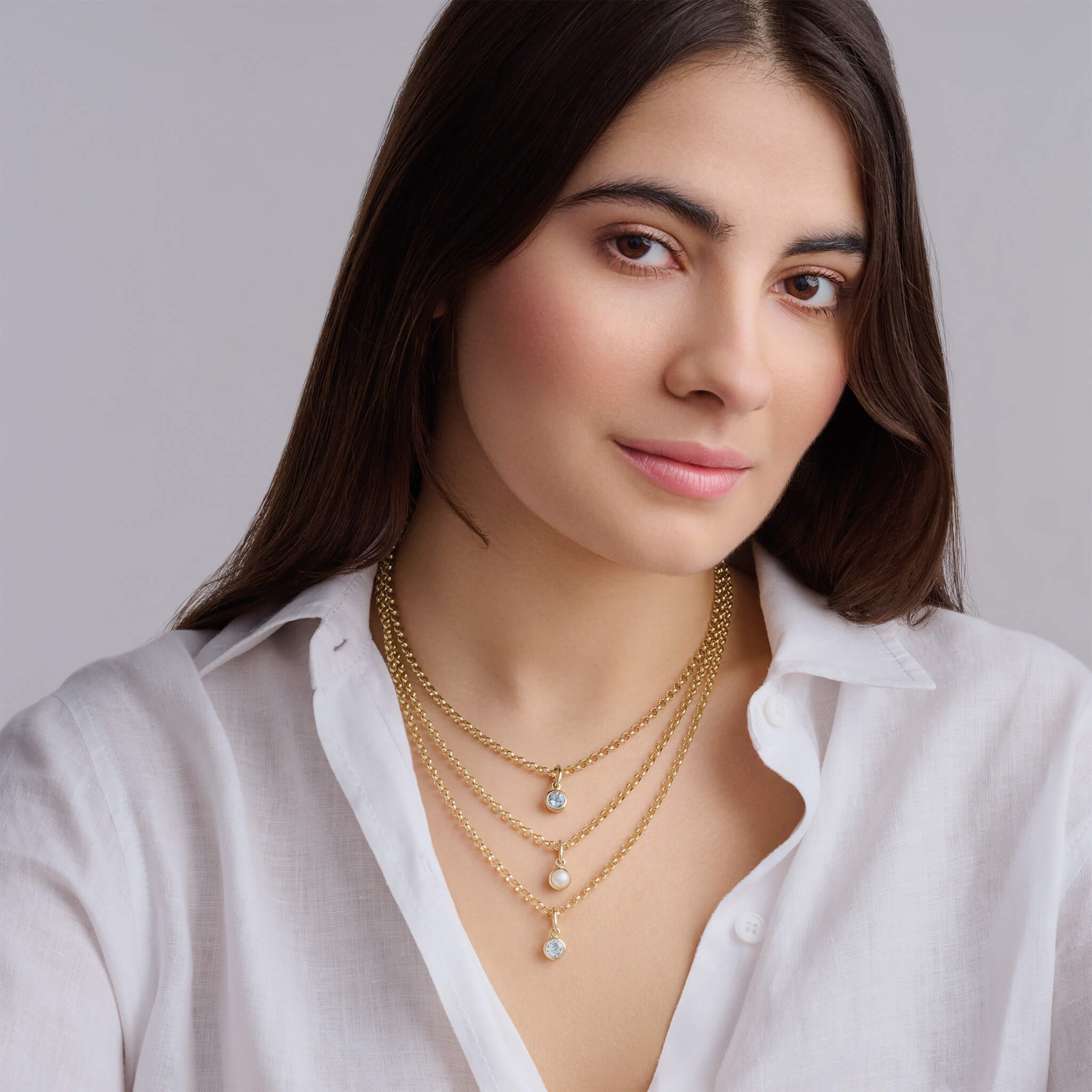Hand-crafted in London, Cassandra Goad yellow gold necklace chains available in 16, 18 and 20 inch lengths, designed for layering and everyday wear, styled with Talya gemstone pendants on chain for a timeless, versatile look.
