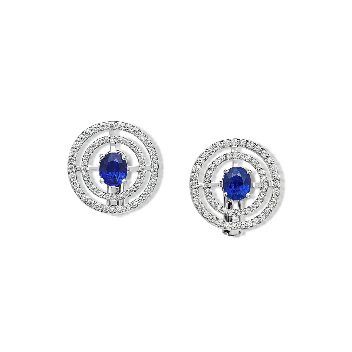 Handcrafted 18ct white gold stud earrings with claw set, cushions cut blue sapphire and a double row pave diamond