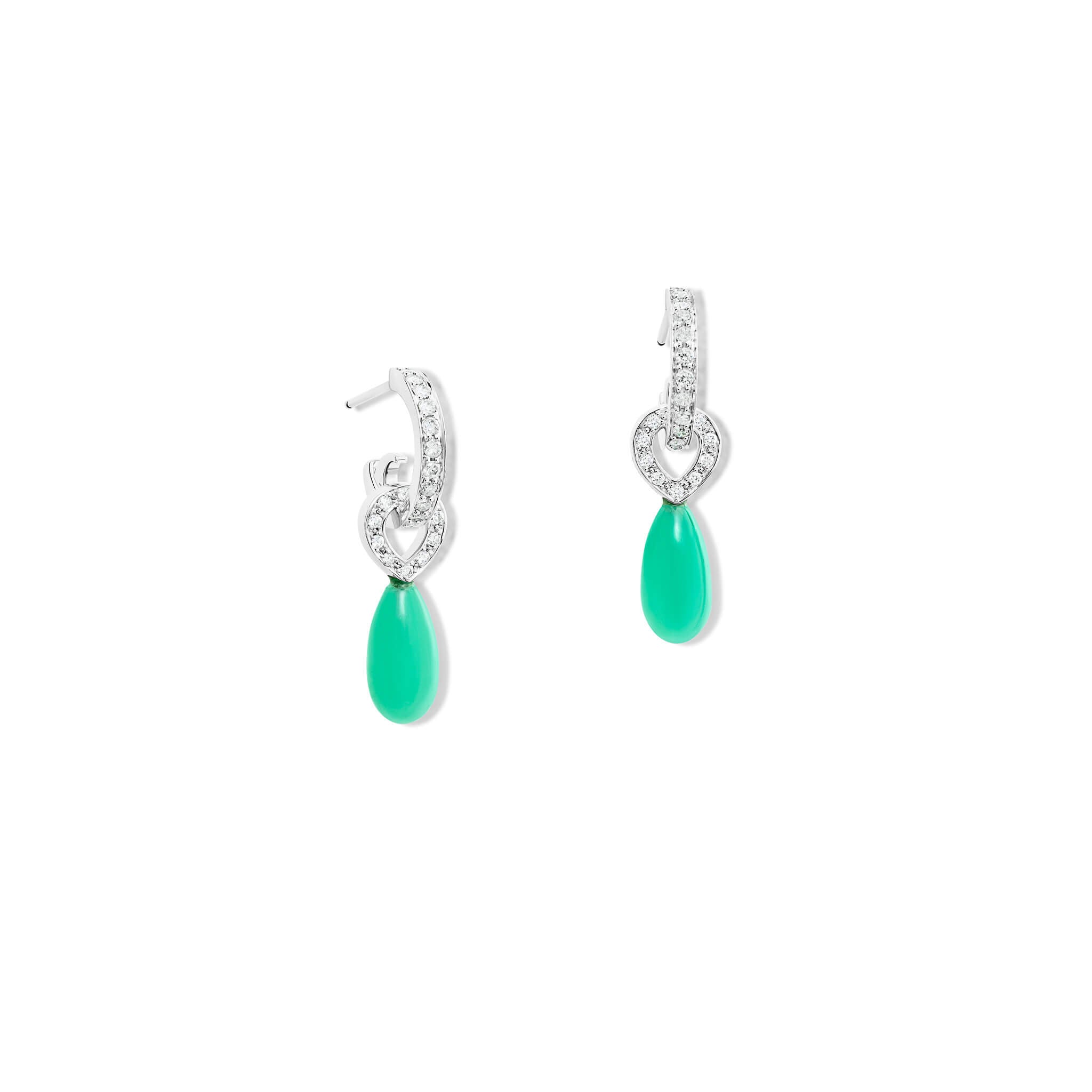 Handcrafted Octavia earring drops in 18ct white gold, with smooth briolette apple green chrysoprase and diamond.