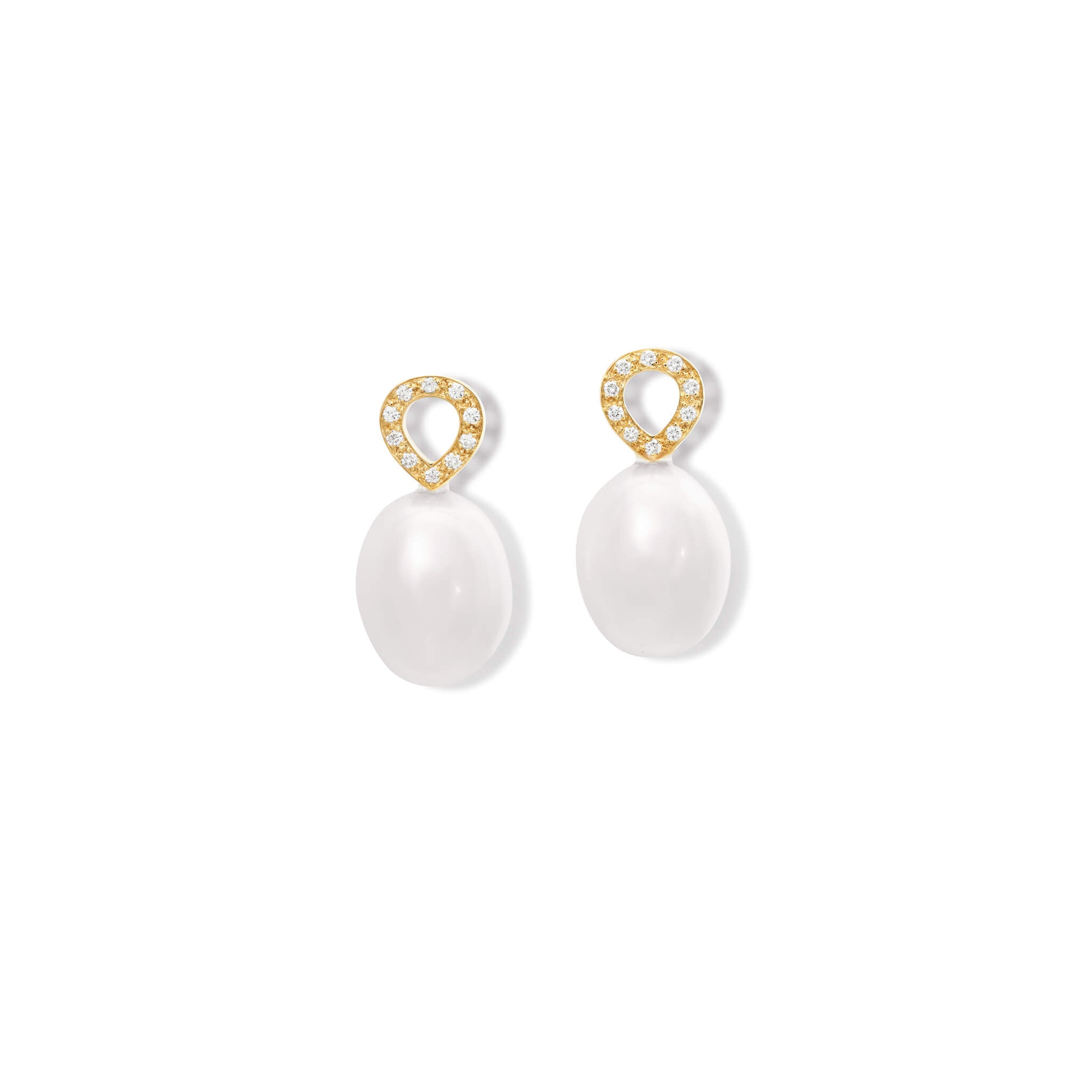 Handcrafted earring drops in 18ct yellow gold with pearl and diamond pave.