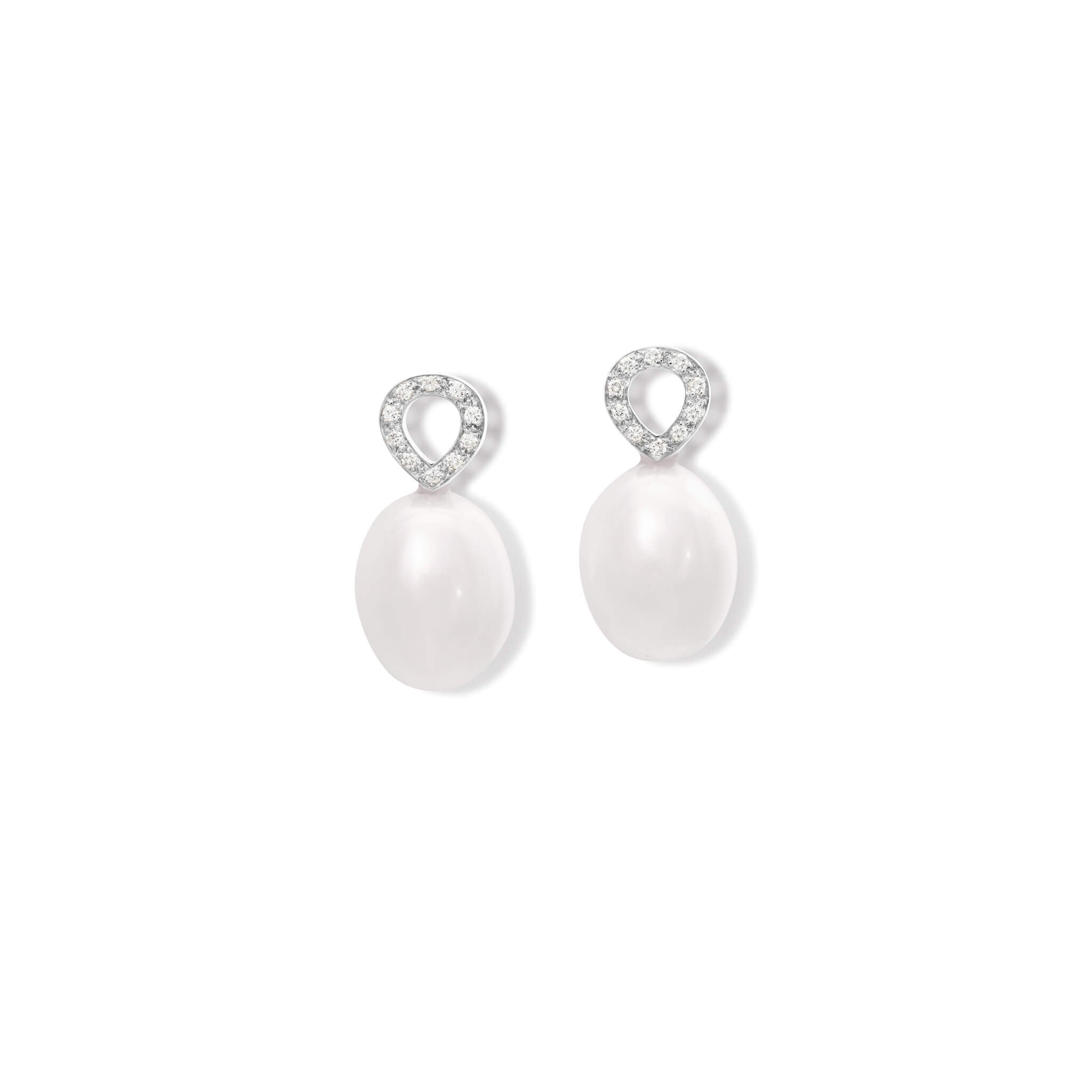 Handcrafted earring drops in 18ct white gold with pearl and diamond pave.