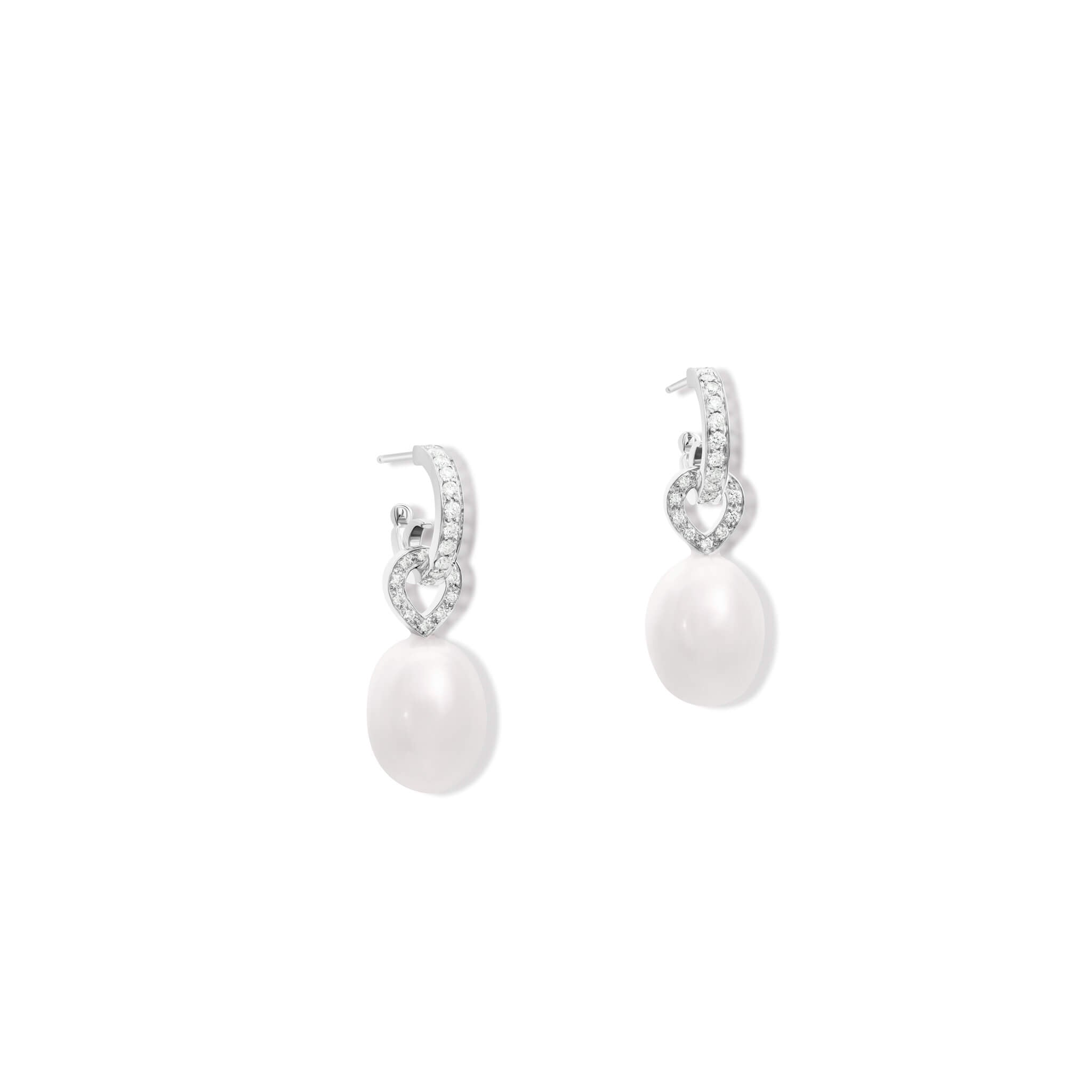 Handcrafted earring drops in 18ct white gold with pearl and diamond pave.