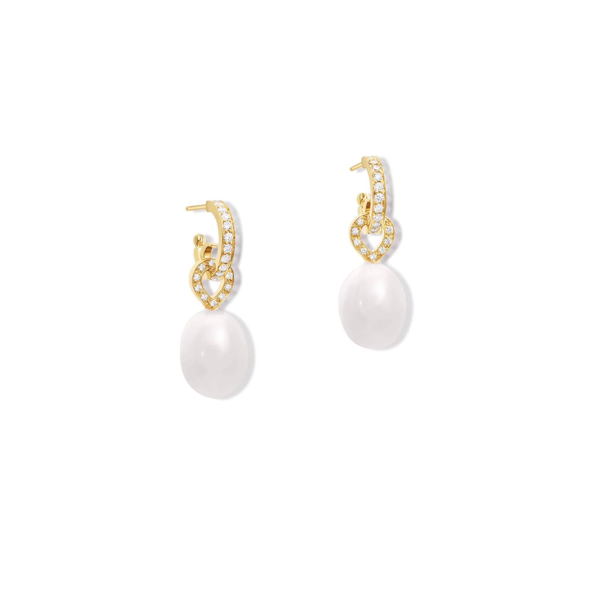 Handcrafted earring drops in 18ct yellow gold with pearl and diamond pave.