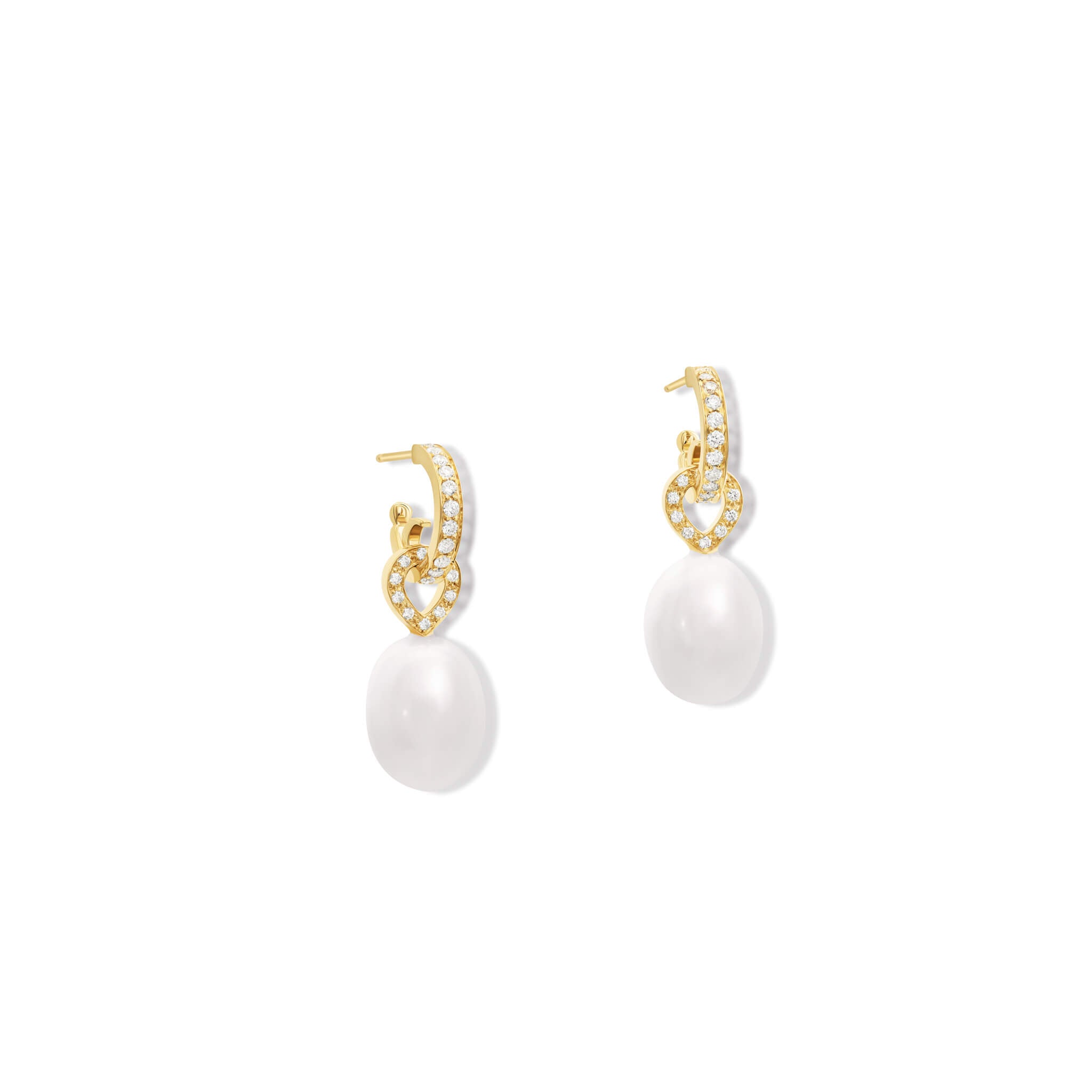 Handcrafted earring drops in 18ct yellow gold with pearl and diamond pave.