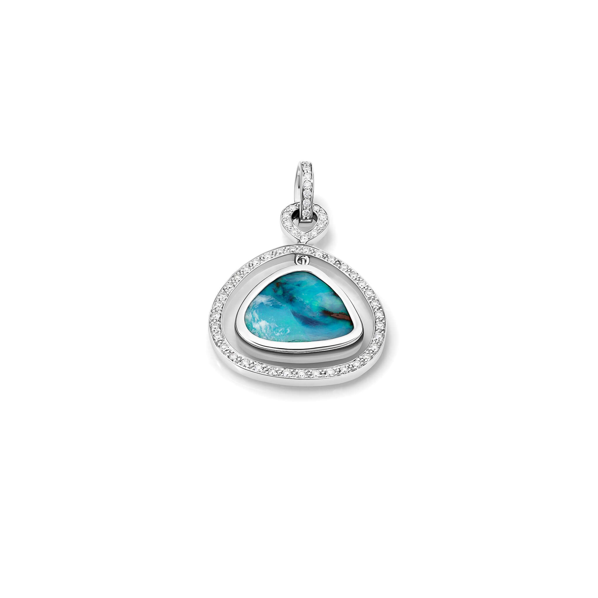 Handcrafted 18ct white gold necklace pendant featuring a teardrop-shaped opal gemstone with diamonds, birthstone of October.