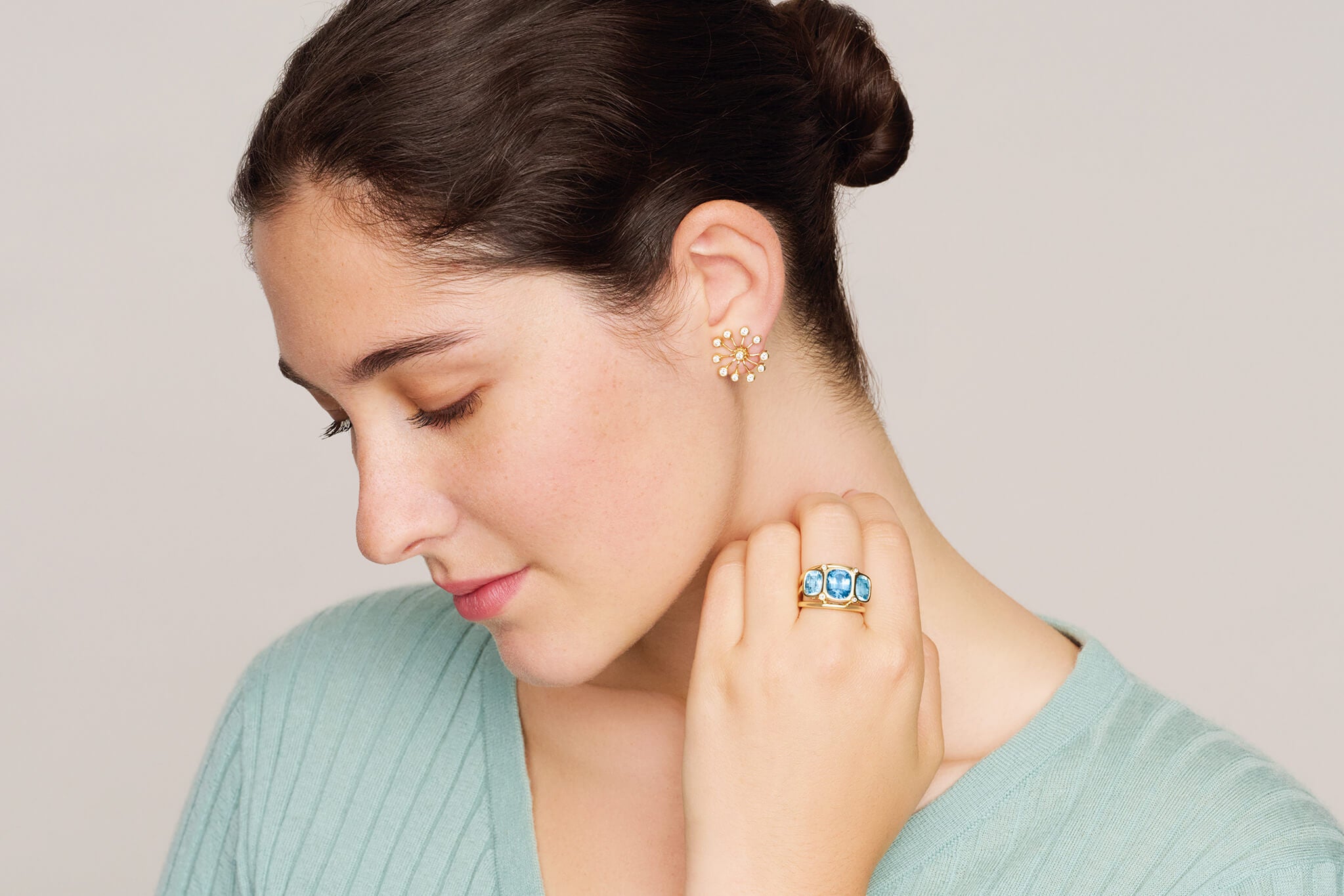 Model wearing handcrafted gold jewellery inspired by Egypt.