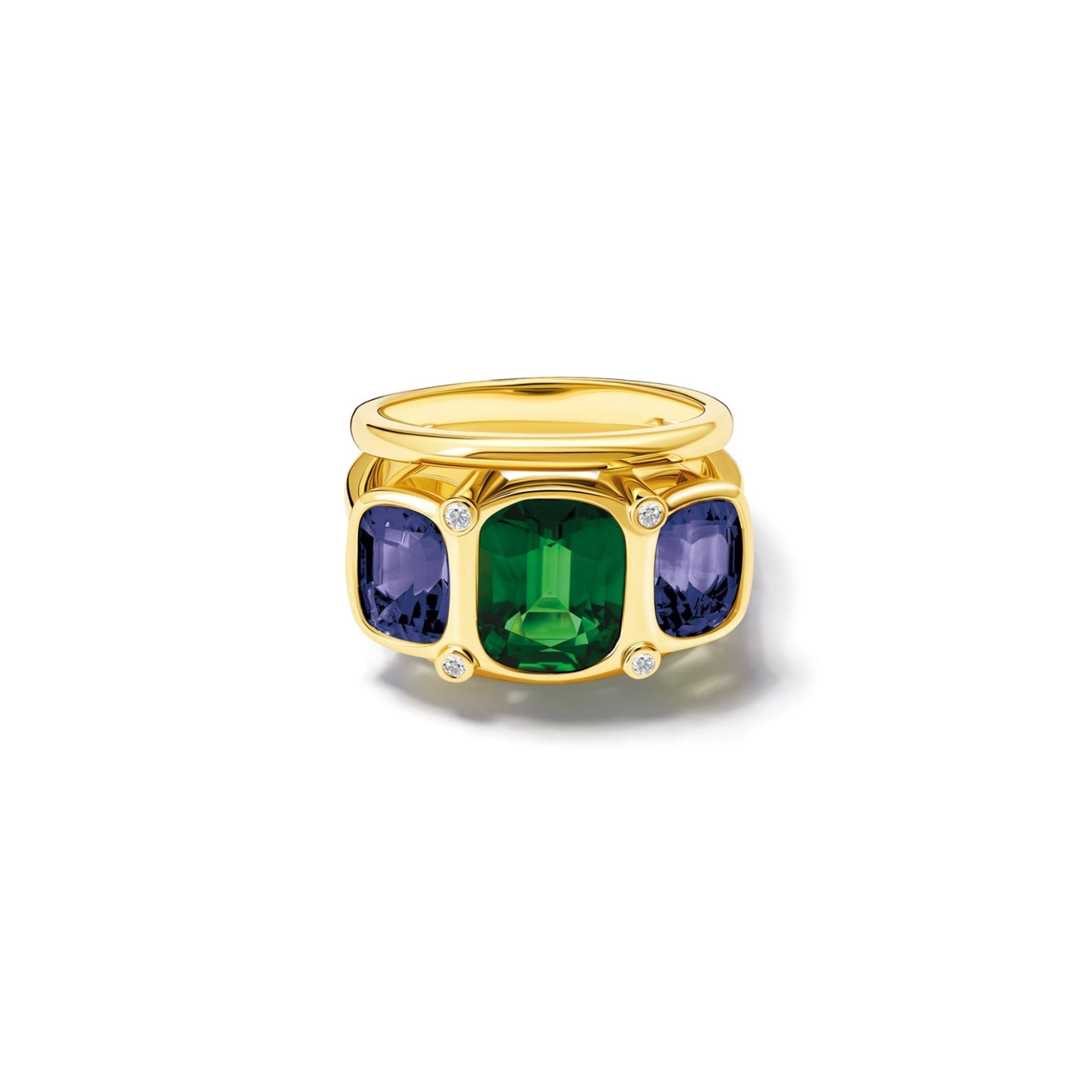 Handcrafted 18ct yellow gold ring featuring rectangular shaped green tourmaline, iolite and diamonds.