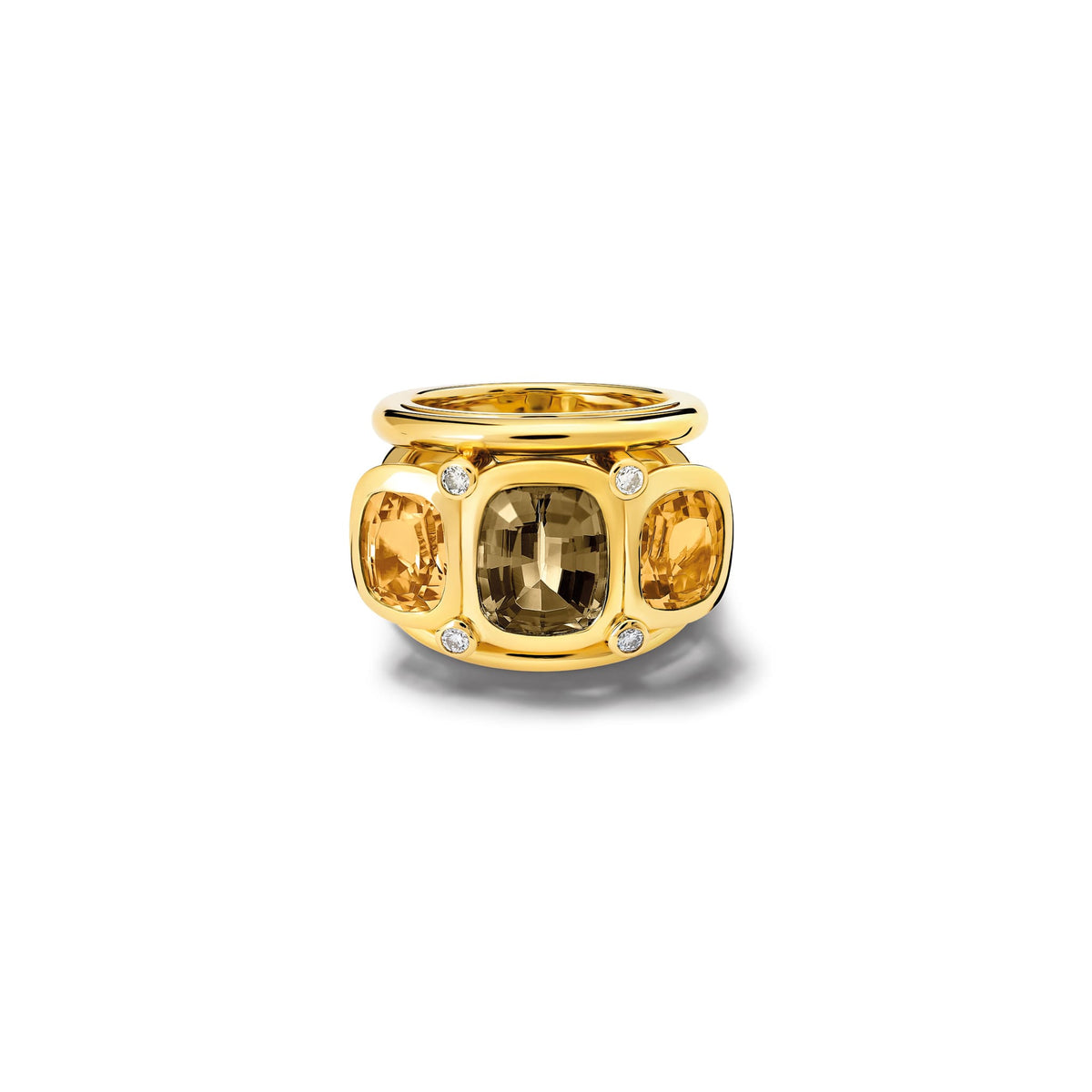 Handcrafted 18ct yellow gold ring featuring a central rectangular shaped smoky quartz, two citrines and diamonds.