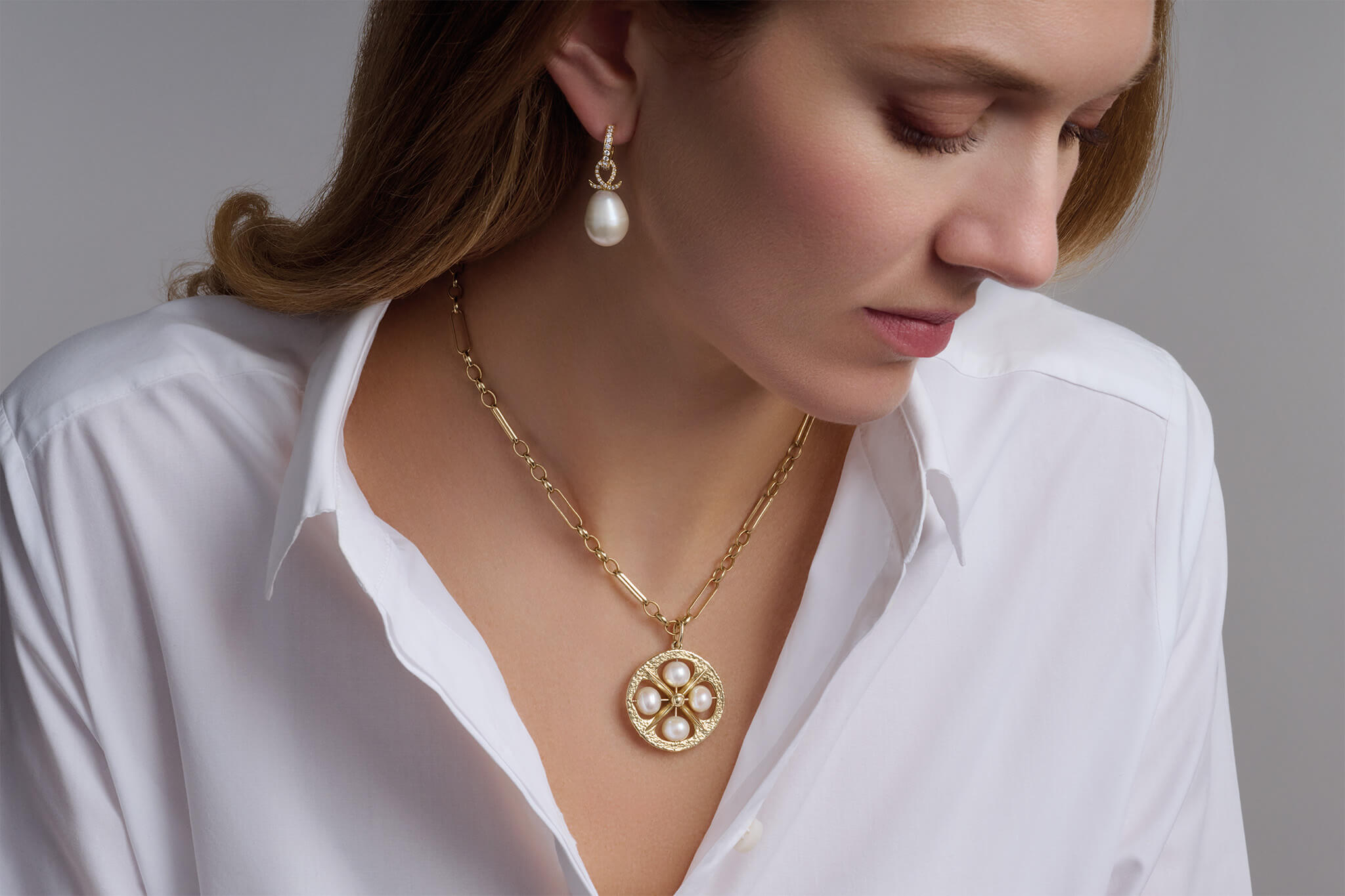 Model wearing Cassandra Goad pearl jewellery.