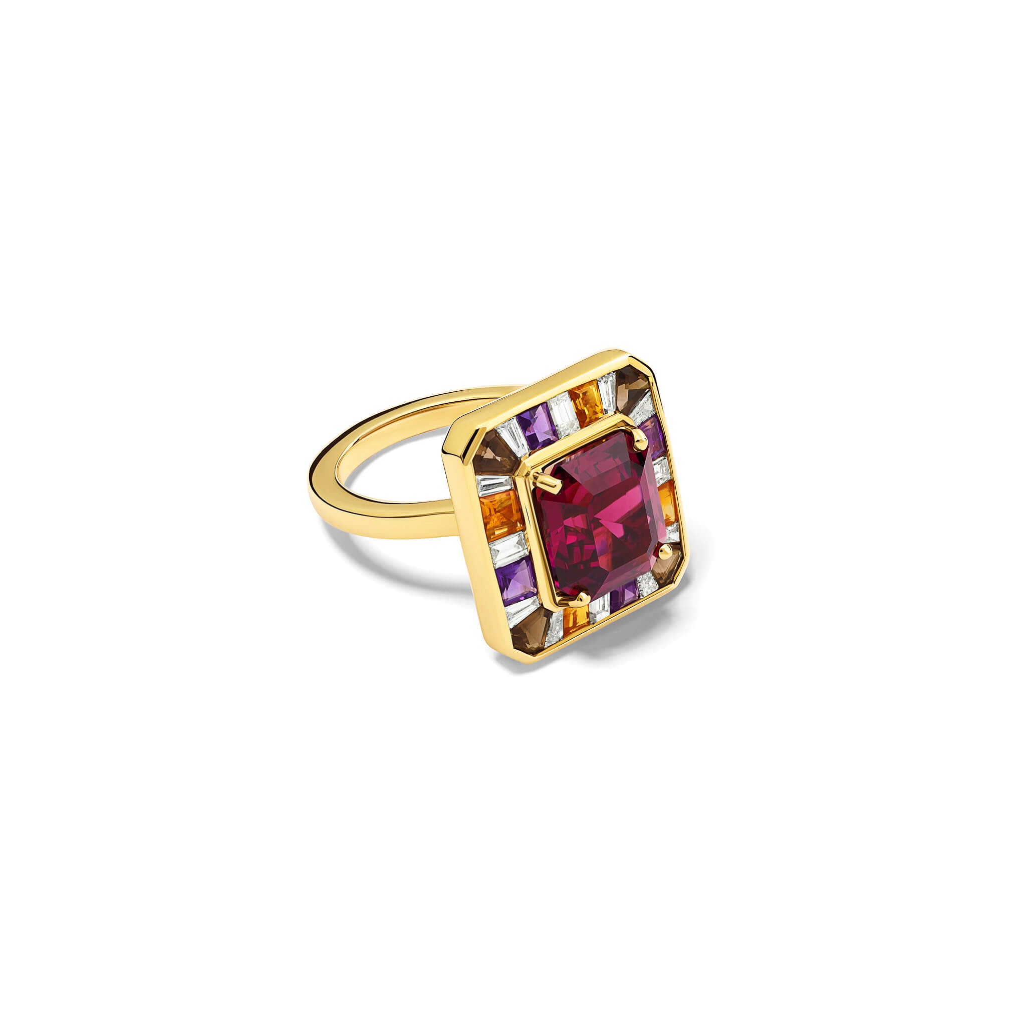 Handcrafted 18ct yellow gold ring featuring a central pink tanga garnet surrounded by four square cut citrines, four square cut amethyst, four square cut smoky quartz, twelve baguette triangle cut dia