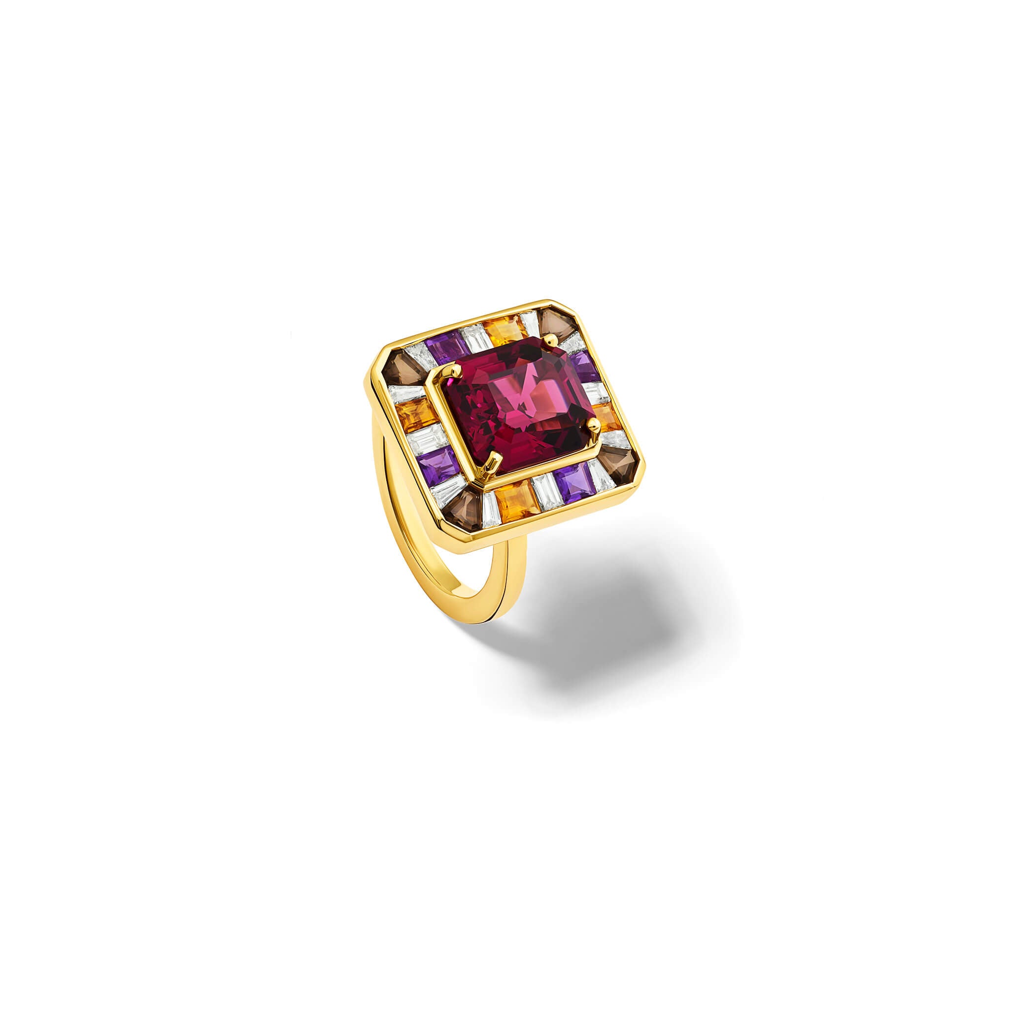 Handcrafted 18ct yellow gold ring featuring a central pink tanga garnet surrounded by four square cut citrines, four square cut amethyst, four square cut smoky quartz, twelve baguette triangle cut dia