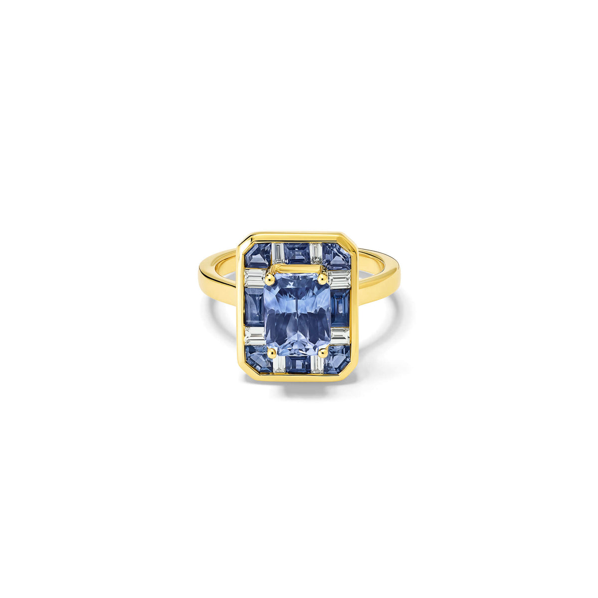 Handcrafted 18ct yellow gold ring featuring a central soft blue Ceylon sapphire surrounded by eight square cut sapphires and eight square cut diamonds.