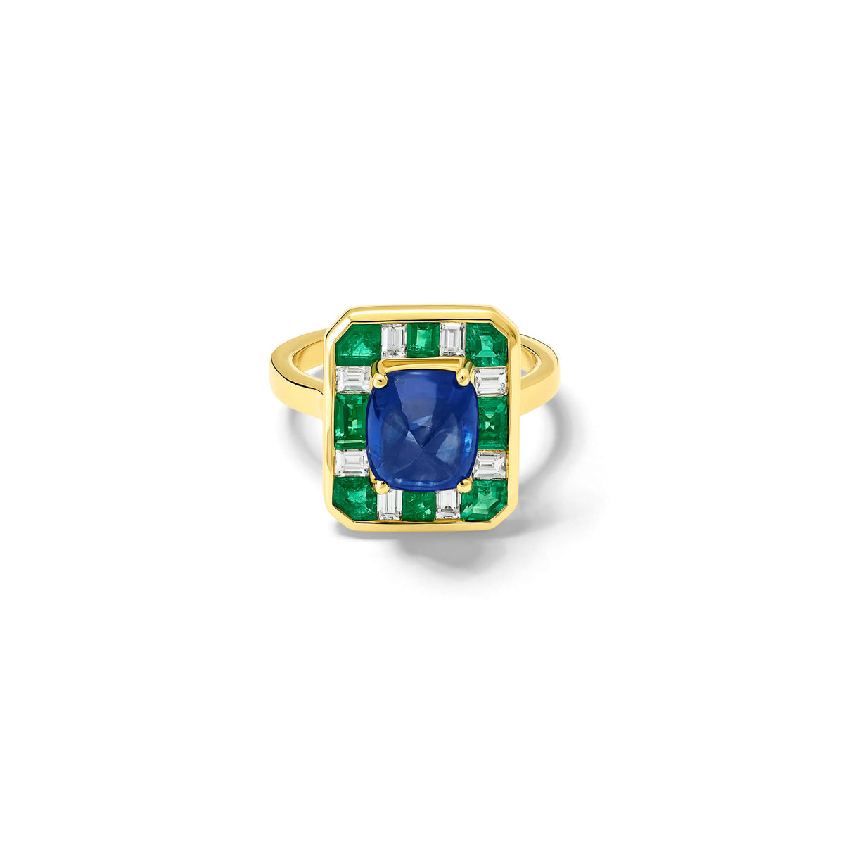 Handcrafted 18ct yellow gold ring featuring a central sugarloaf blue sapphire from Madagascar surrounded by square cut emeralds and baguette cut diamonds.
