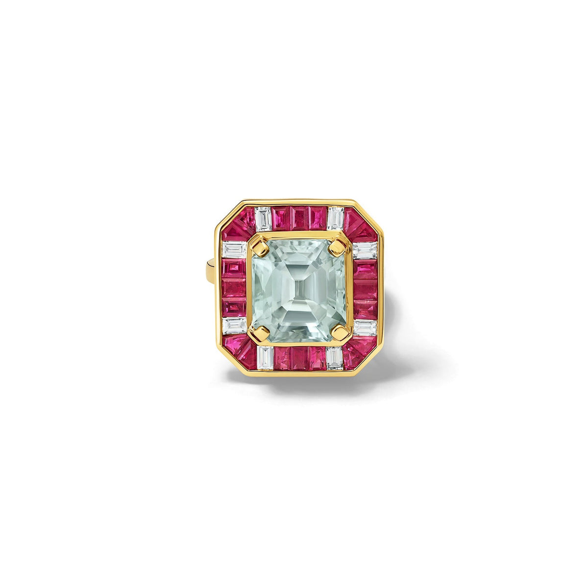 Handcrafted 18ct yellow gold ring featuring a central soft blue aquamarine surrounded by twenty square cut rubies and eight square cut diamonds.