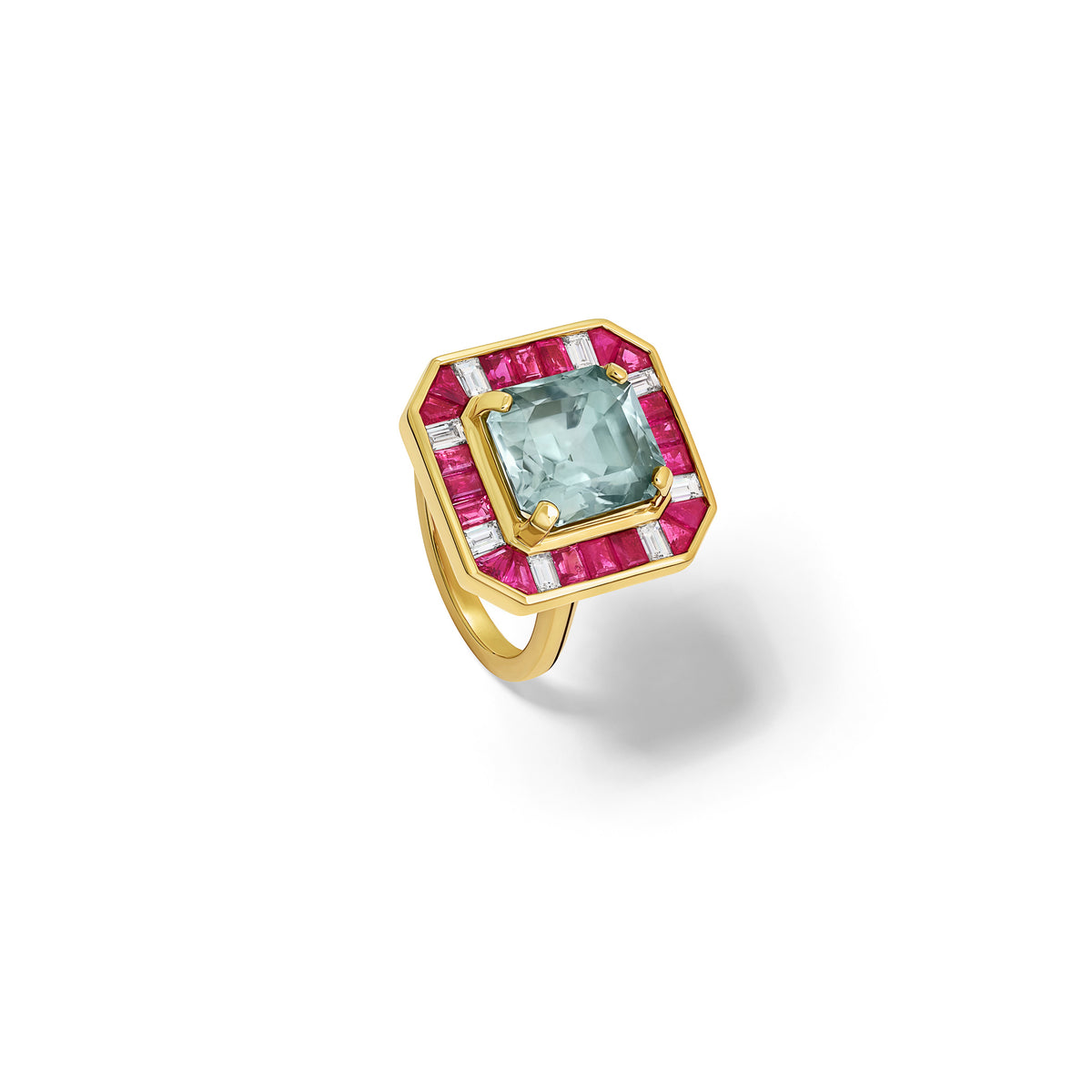 Handcrafted 18ct yellow gold ring featuring a central soft blue aquamarine surrounded by twenty square cut rubies and eight square cut diamonds.