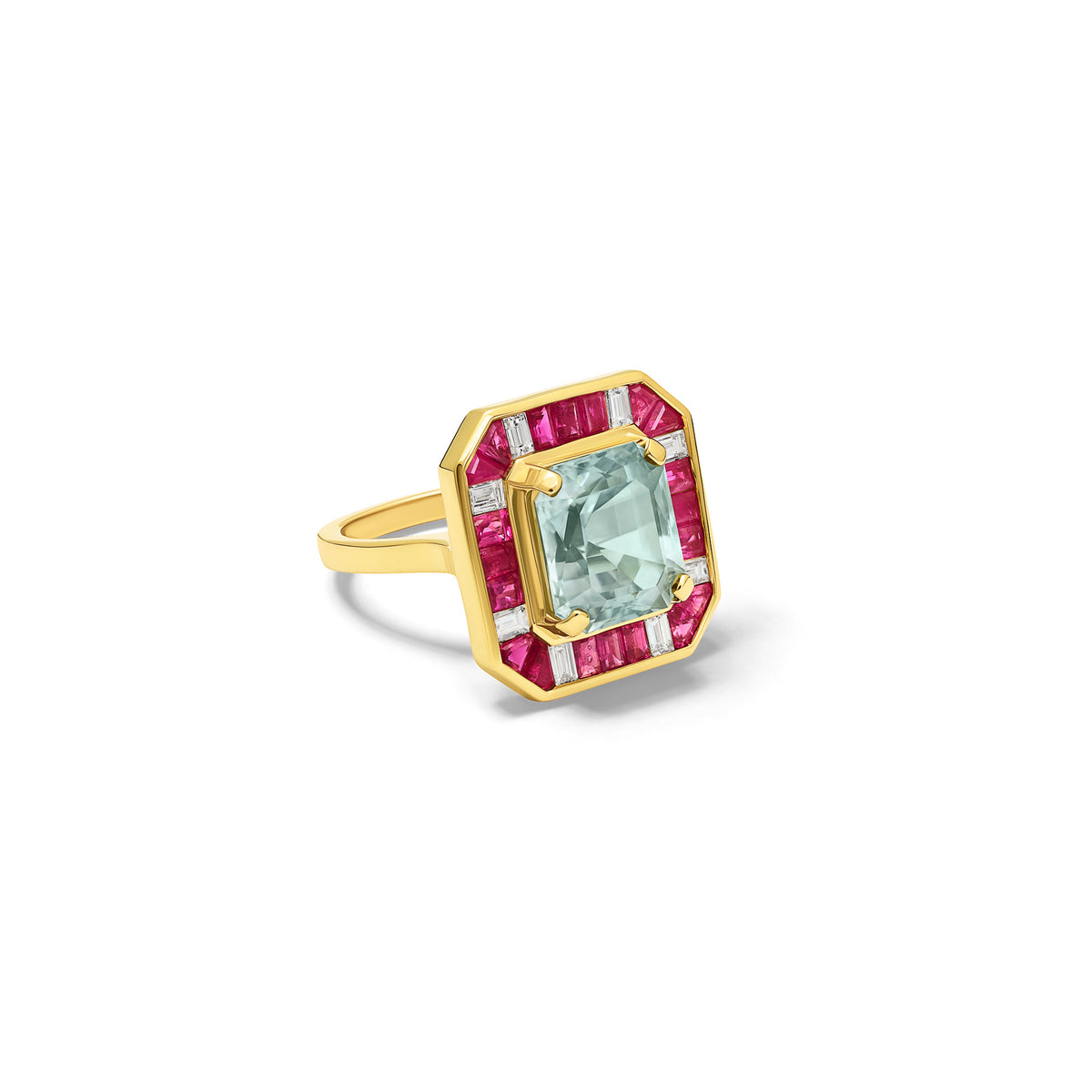 Handcrafted 18ct yellow gold ring featuring a central soft blue aquamarine surrounded by twenty square cut rubies and eight square cut diamonds.
