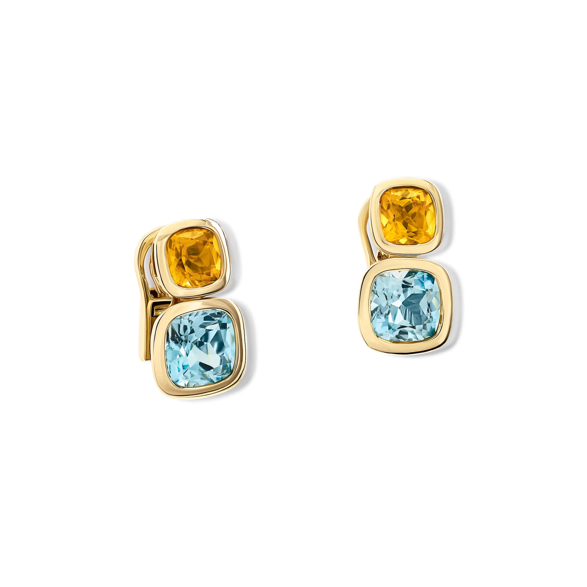 Handcrafted 18ct yellow gold square shaped earrings featuring citrine and blue topaz gemstones, november birthstones