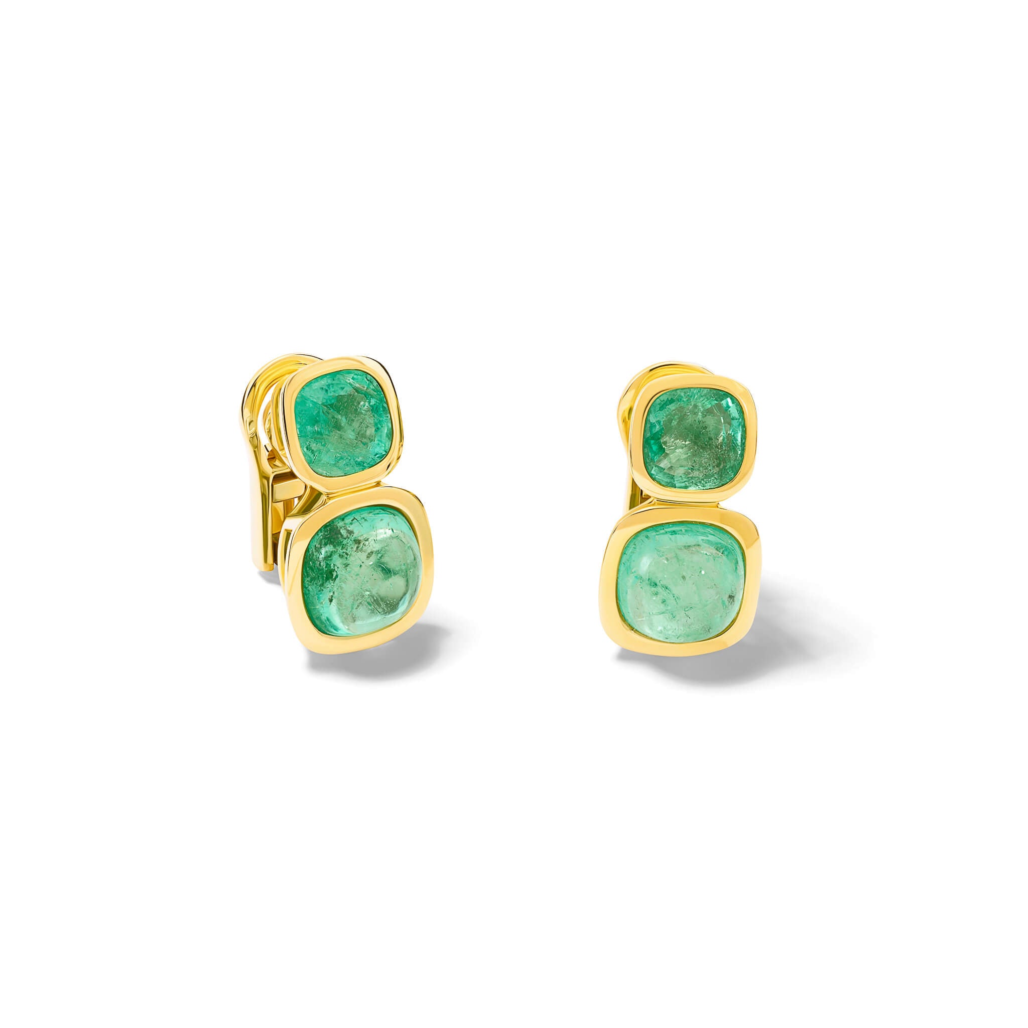 Handcrafted 18ct yellow gold square shaped earrings featuring rare facetted emerald and rare cabochon emerald, birthstone of May