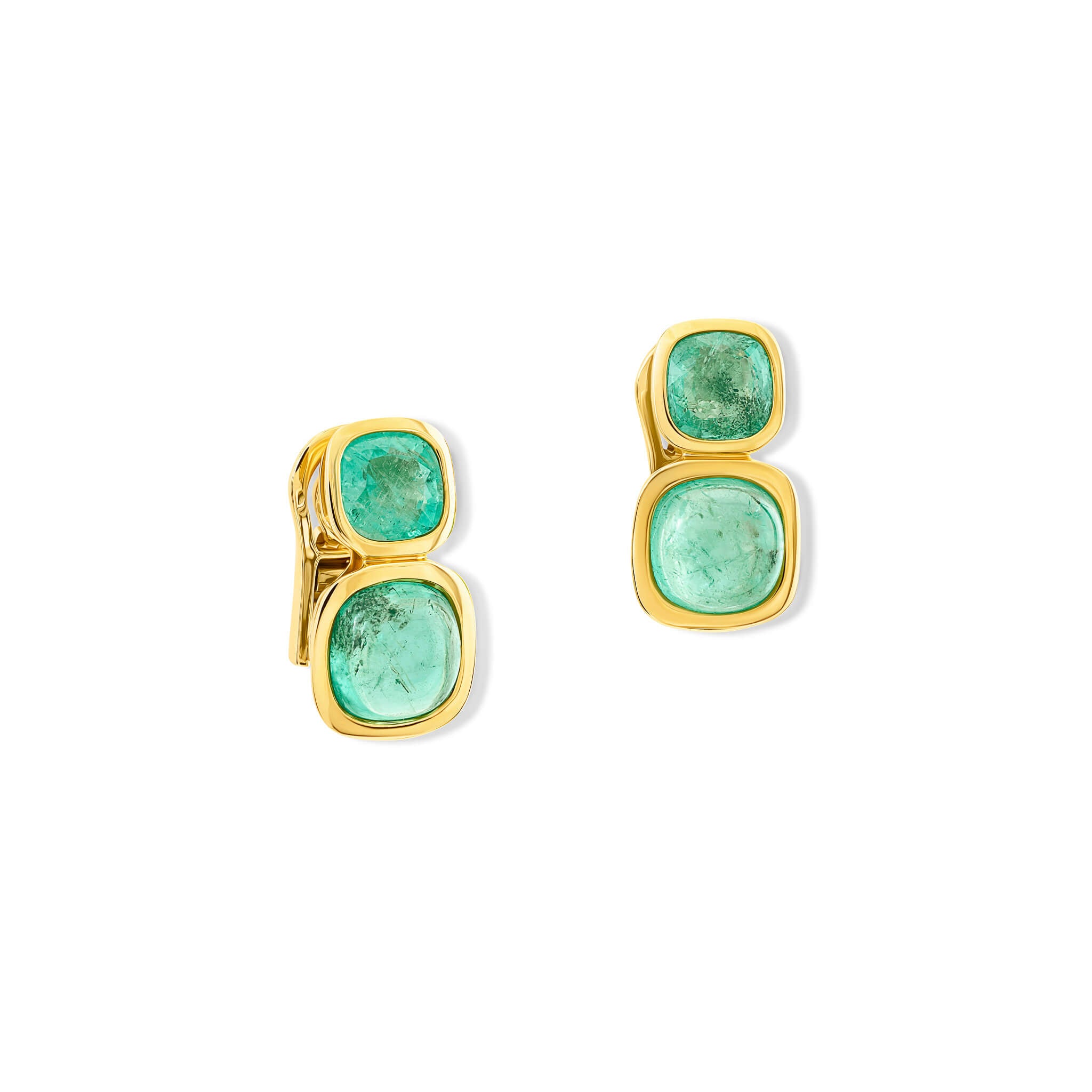 Handcrafted 18ct yellow gold square shaped earrings featuring rare facetted emerald and rare cabochon emerald, birthstone of May
