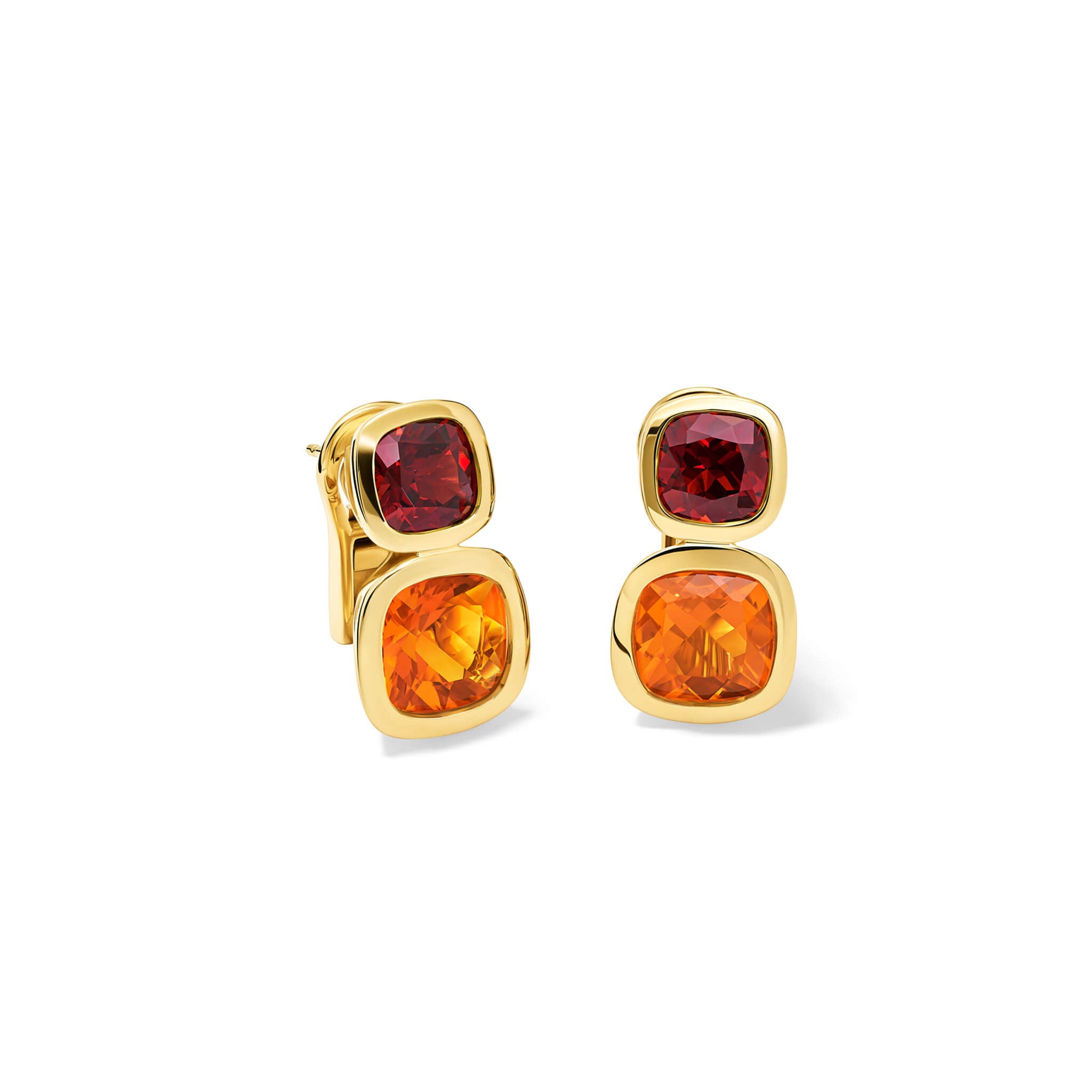 Handcrafted 18ct yellow gold square shaped earrings featuring rare facetted fire opal and garnet, birthstone of October and January