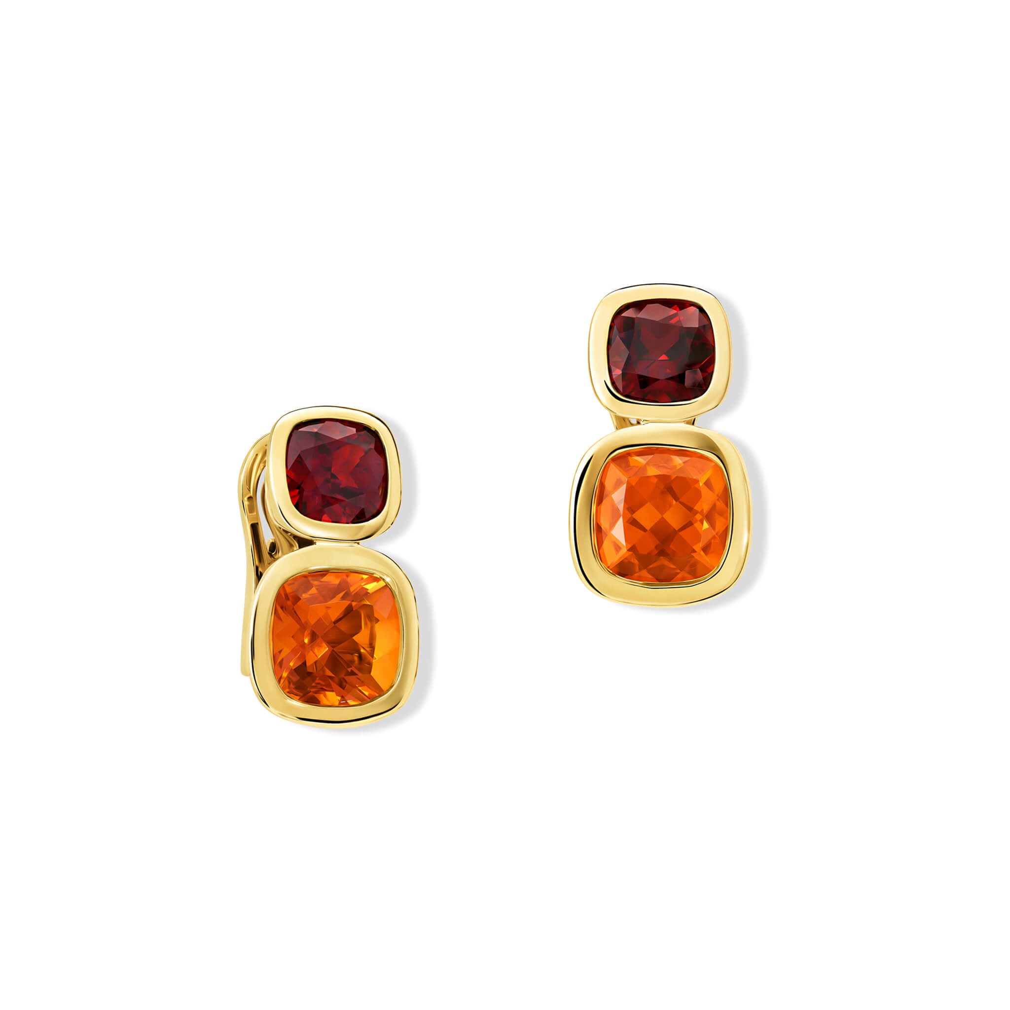 Handcrafted 18ct yellow gold square shaped earrings featuring rare facetted fire opal and garnet, birthstone of October and January