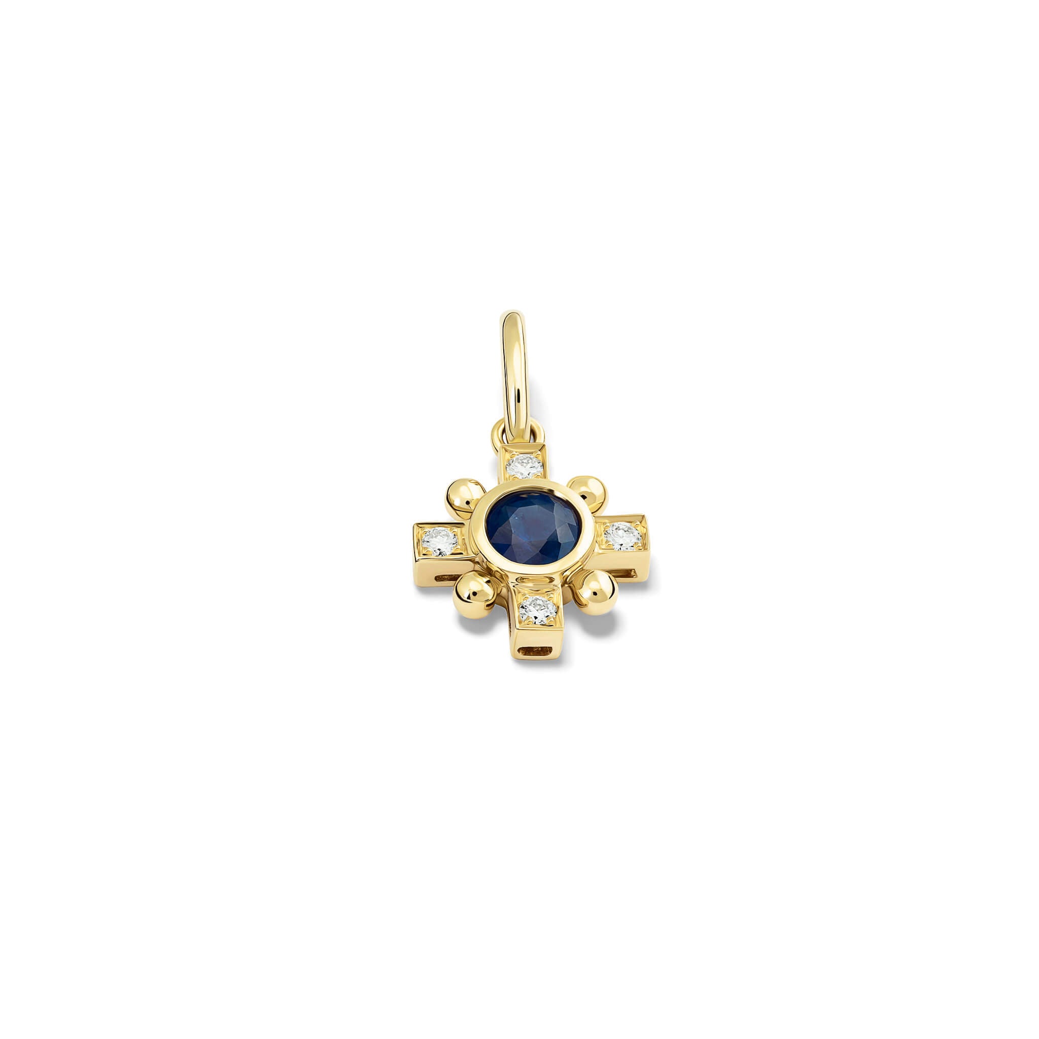 Handcrafted Quadro cross necklace pendant in yellow gold featuring a central blue sapphire and diamond, september birthstone