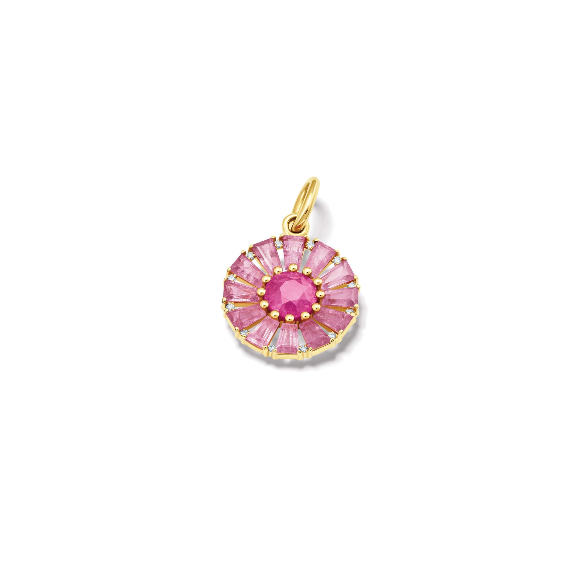 Handcrafted 18ct yellow gold necklace pendant featuring a circular arrangement of pale pink sapphire and a central pink sapphire interspaced with diamonds.