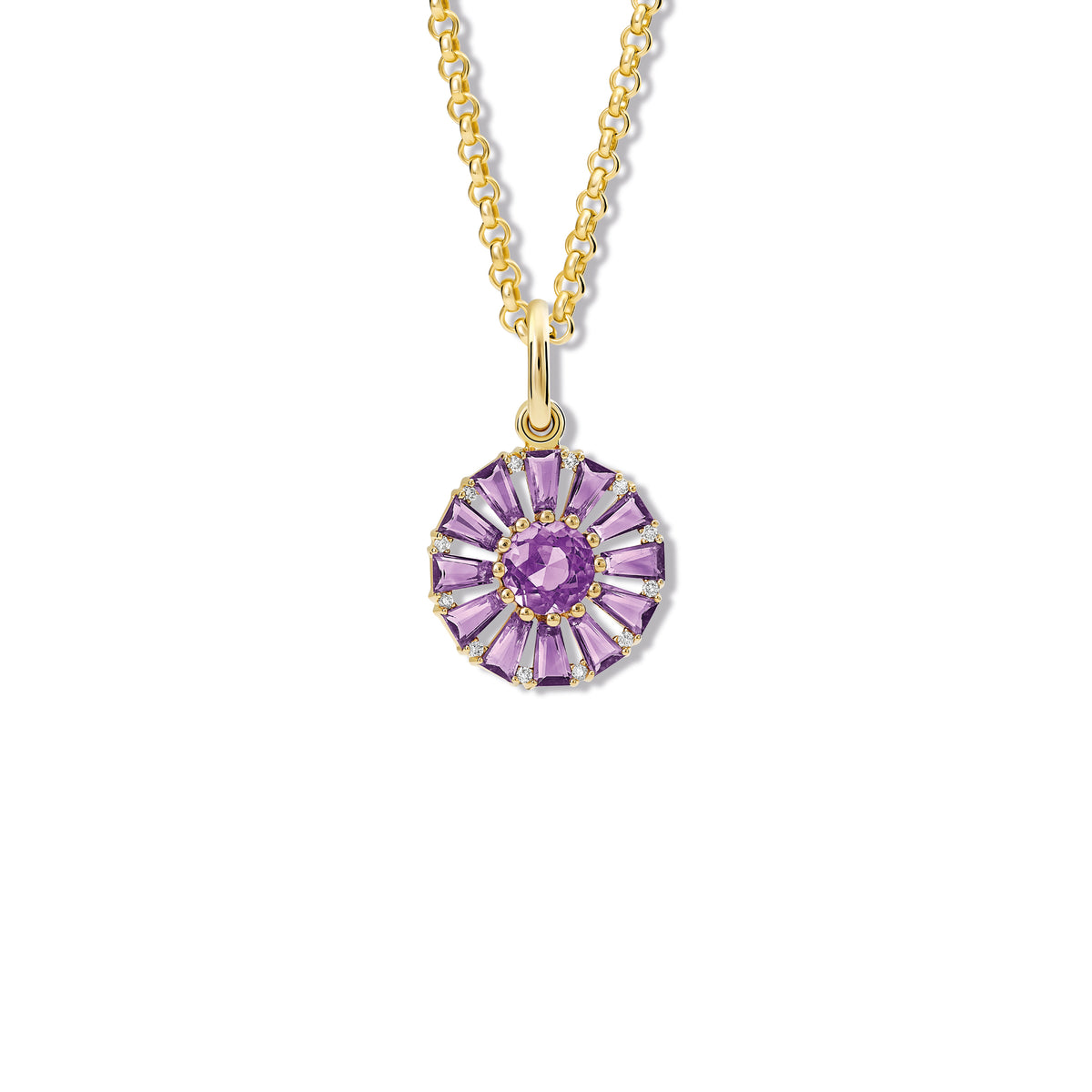 Roi Soleil small necklace pendant set with baguette cut lilac amethyst and a round central amethyst interspersed with diamonds. The birthstone for February.