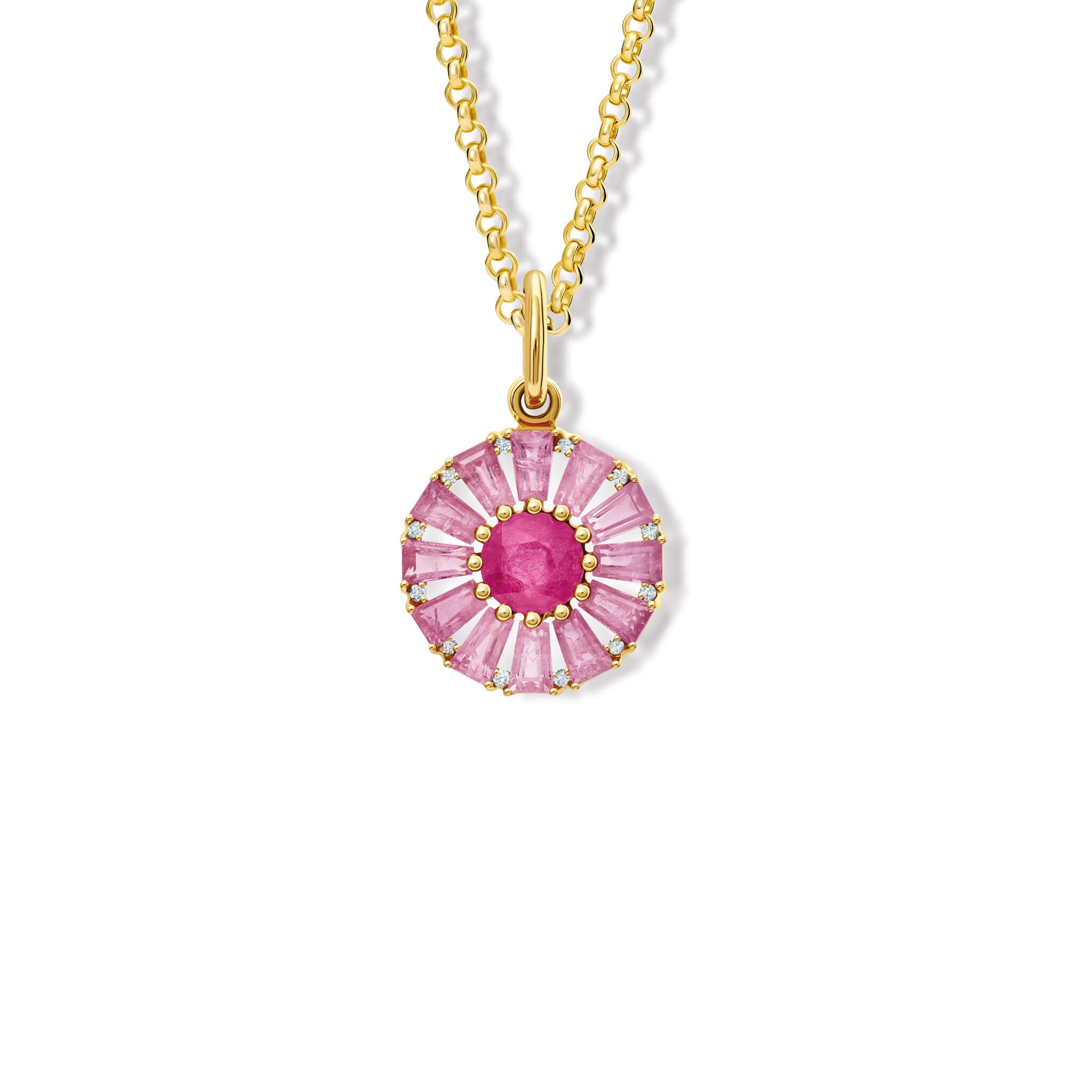 Handcrafted 18ct yellow gold necklace pendant featuring a circular arrangement of pale pink sapphire and a central pink sapphire interspaced with diamonds.