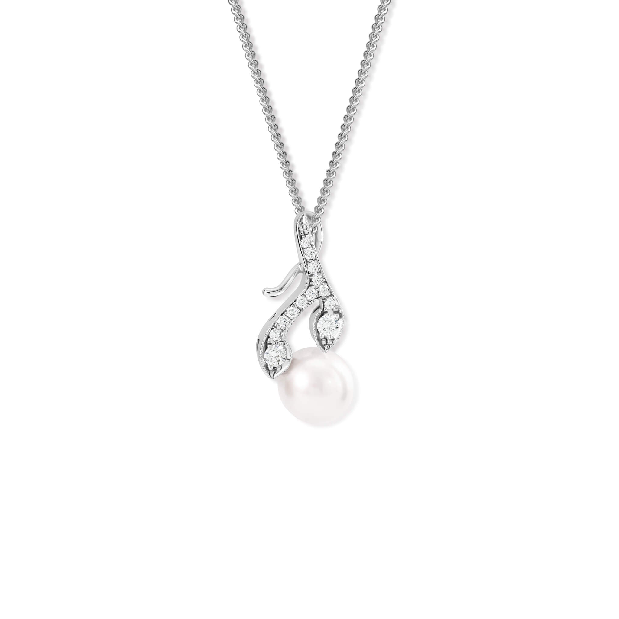 Handcrafted white gold necklace pendant in the shape of a rosemary sprig with a pearl at the bottom.