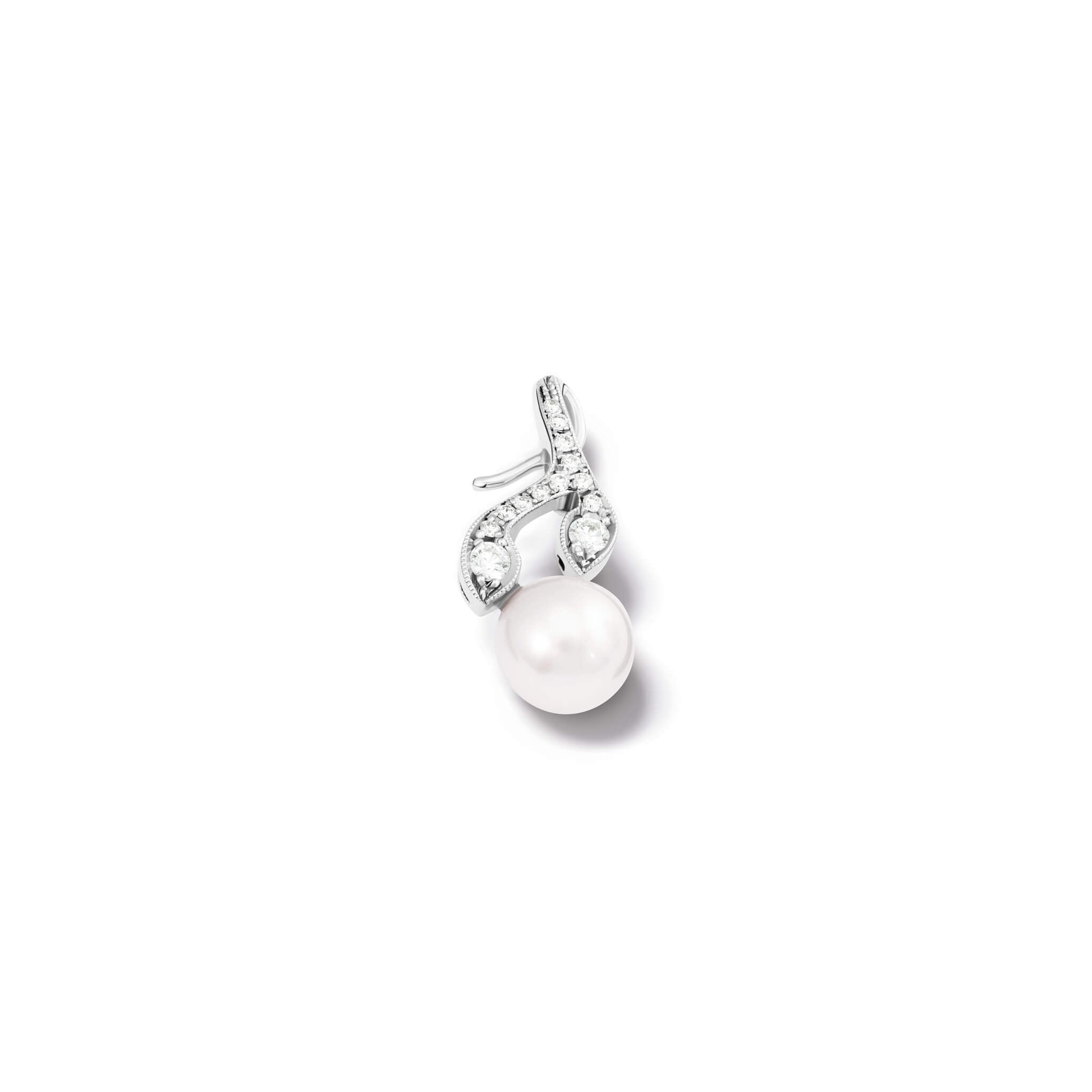 Handcrafted white gold necklace pendant in the shape of a rosemary sprig with a pearl at the bottom.