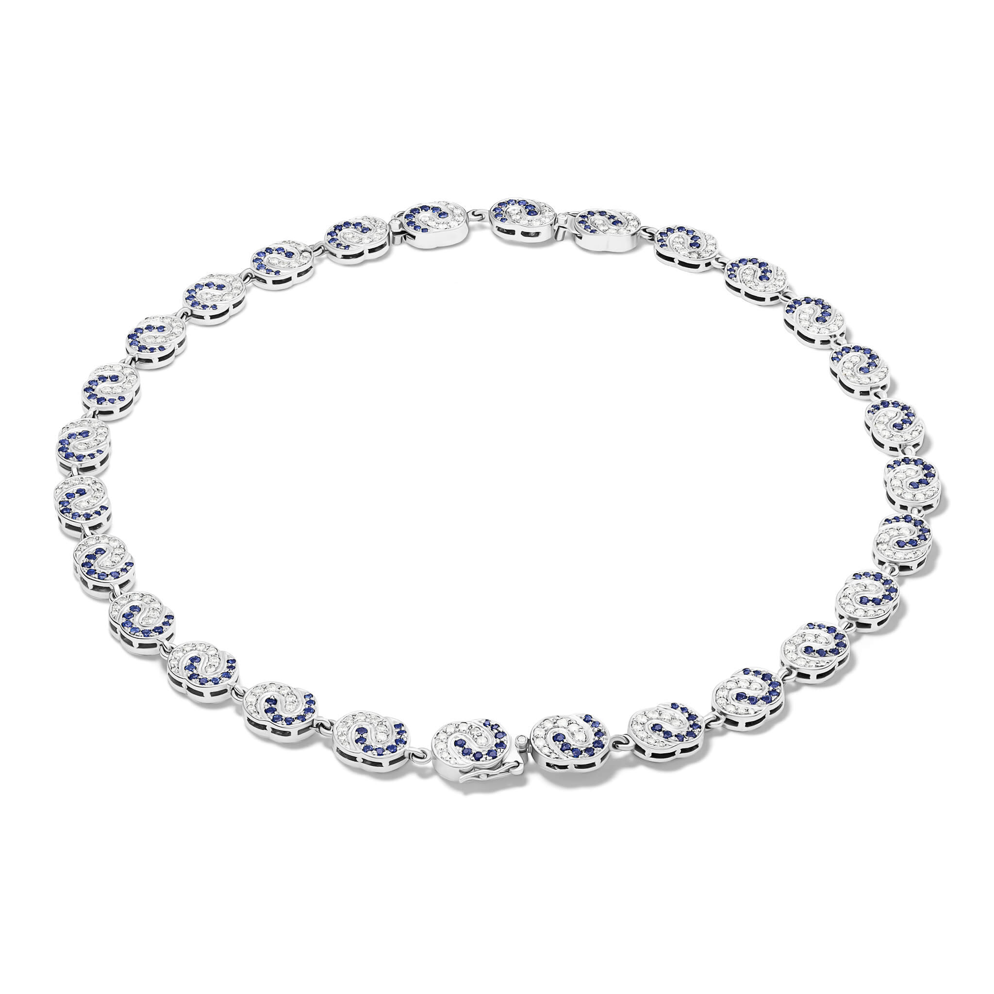 Handcrafted 18ct white gold Sabina necklace set with diamonds on one side and diamonds and blue sapphire on the other can be worn as a necklace or transformed into two bracelets.
