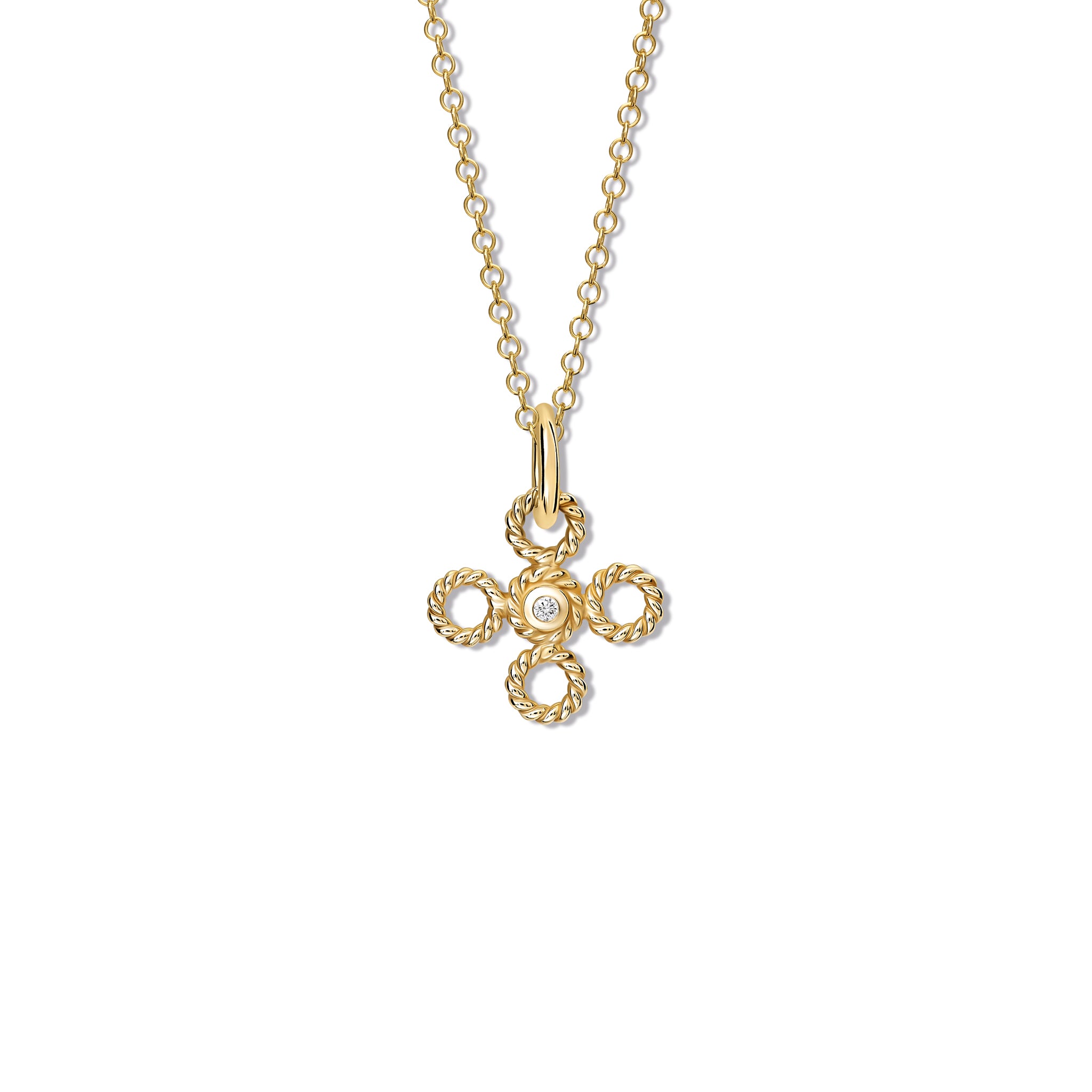 Handcrafted 9ct yellow gold necklace pendant featuring a textured rope-like shape with a diamond.
