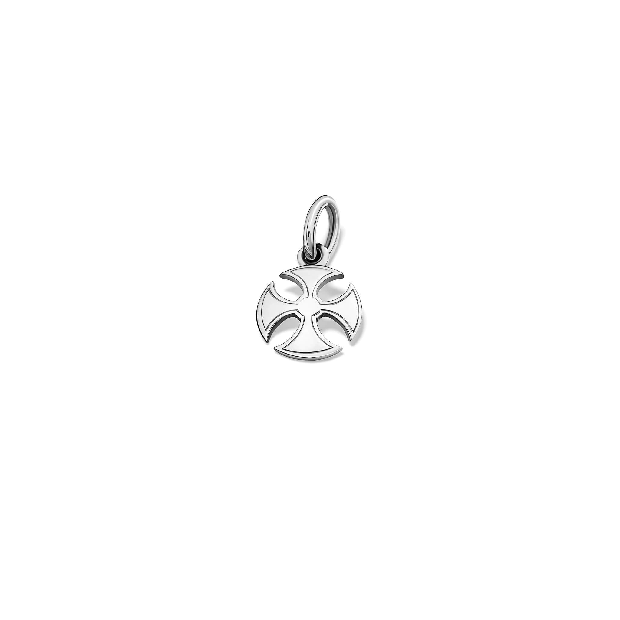 Handcrafted Sanctus silver necklace pendant in a curved cross shape.