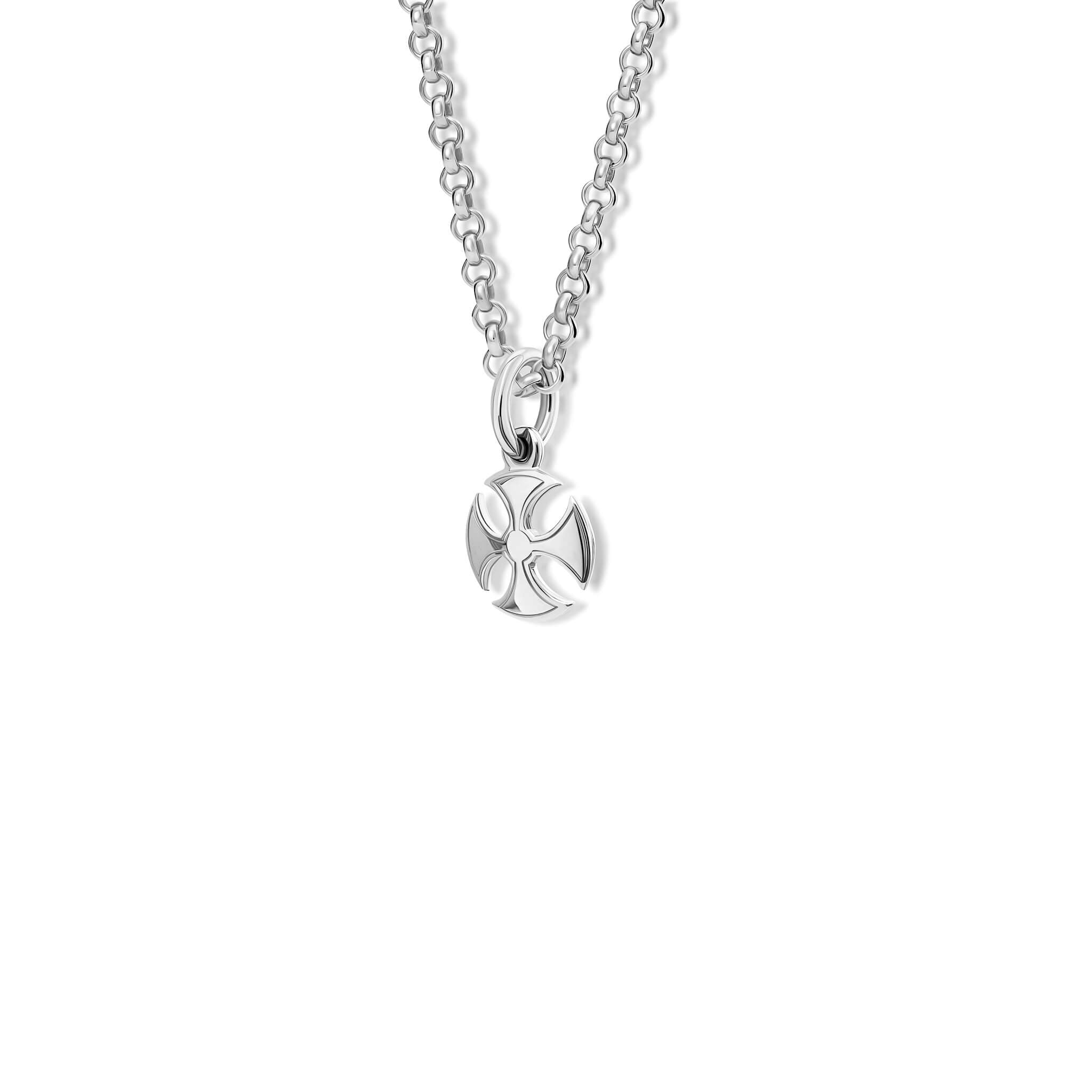 Handcrafted Sanctus silver necklace pendant in a curved cross shape.