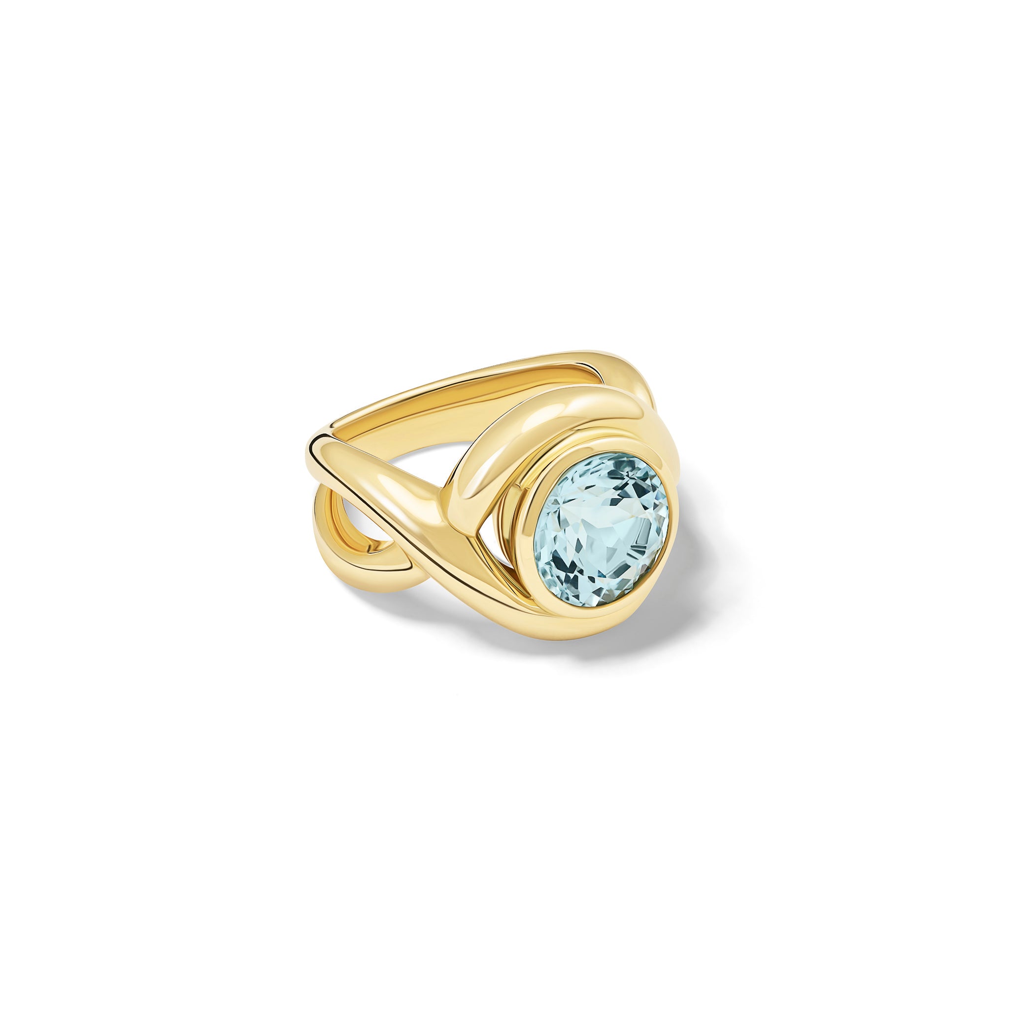 Handcrafted yellow gold ring featuring curved shanks with a round blue topaz, birthstone of November.