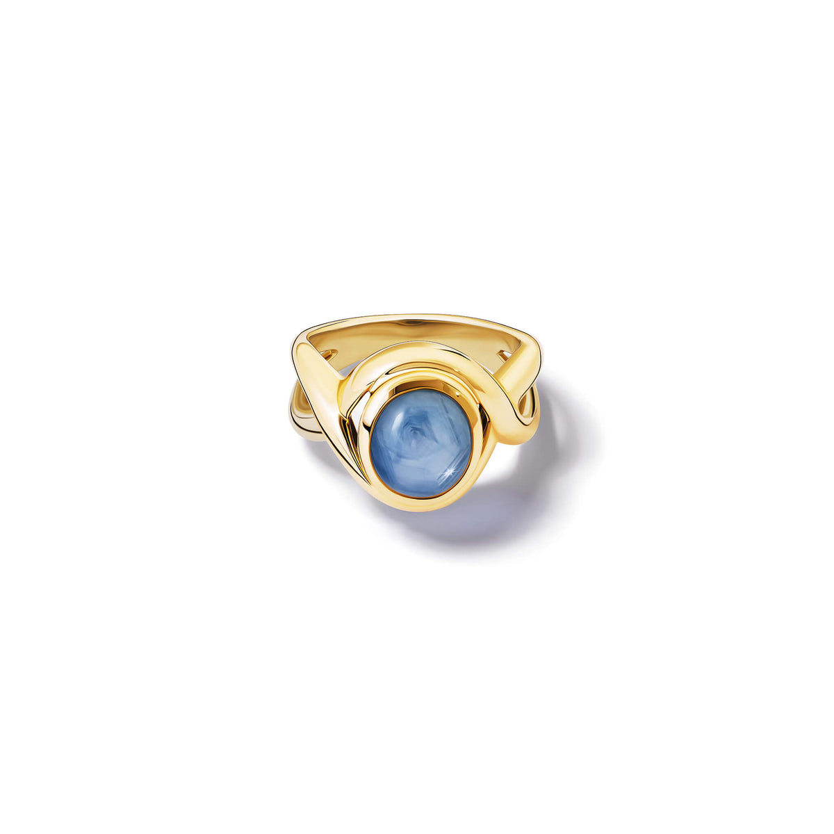 Handcrafted 9ct yellow gold ring featuring curved shanks with a round cabochon star sapphire, September birthstone.

