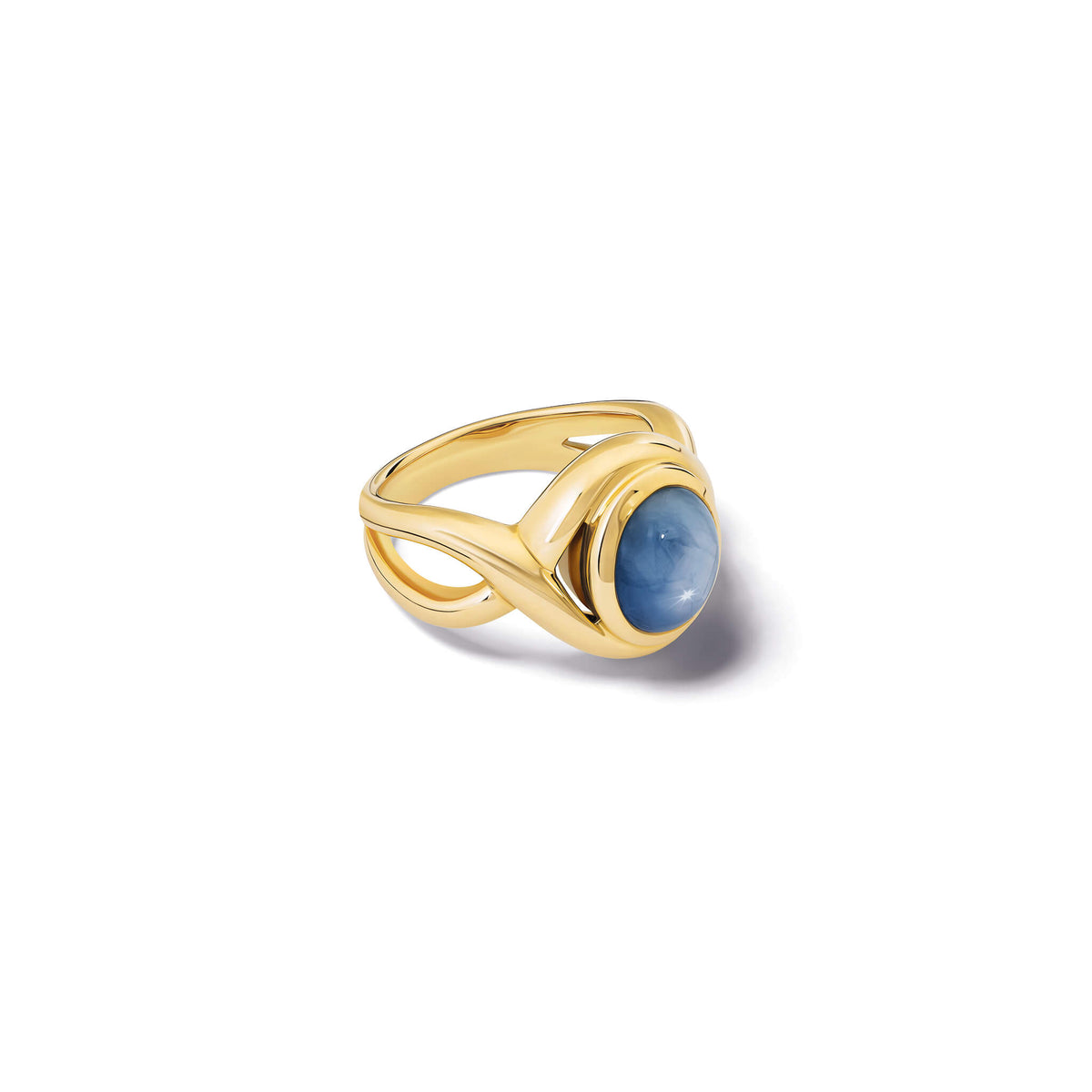 Handcrafted 9ct yellow gold ring featuring curved shanks with a round cabochon star sapphire, September birthstone.
