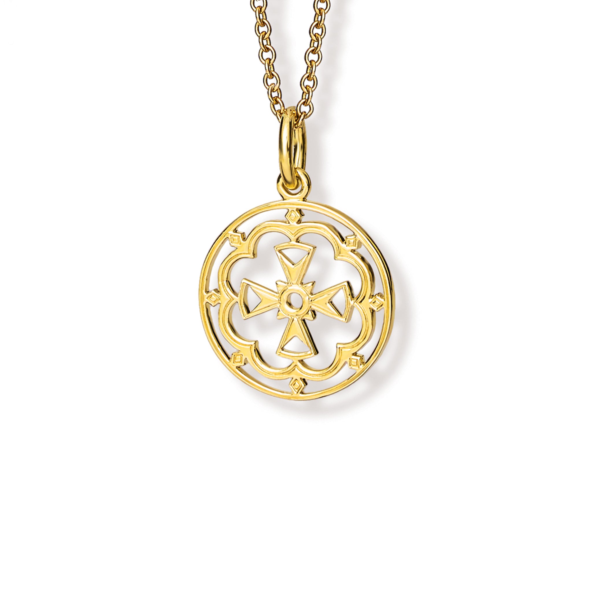 Handcrafted round yellow gold necklace pendant featuring a cross in the middle, hanging from a gold chain.