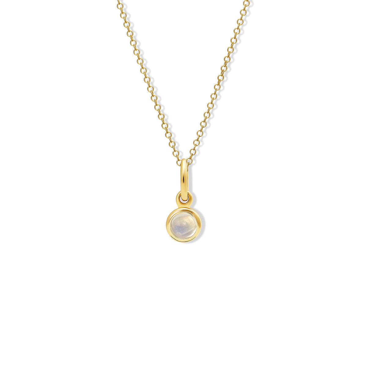 Handcrafted Talya necklace pendant in yellow gold featuring a round moonstone drop.