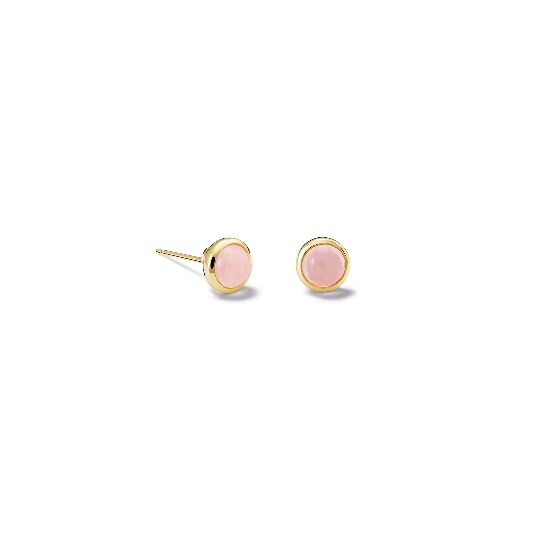 Handcrafted yellow gold stud earrings featuring round cabochon pink opal, birthstone of October.