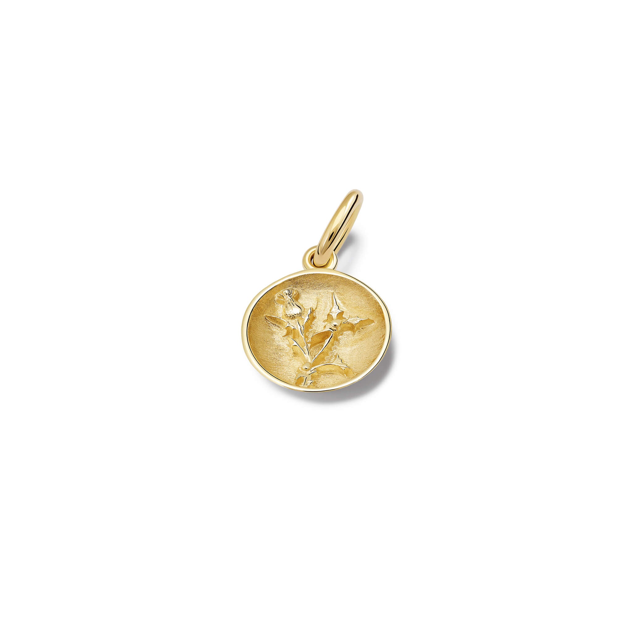 Handcrafted 9ct yellow gold charm pendant featuring a thistle, the symbol of Scotland.