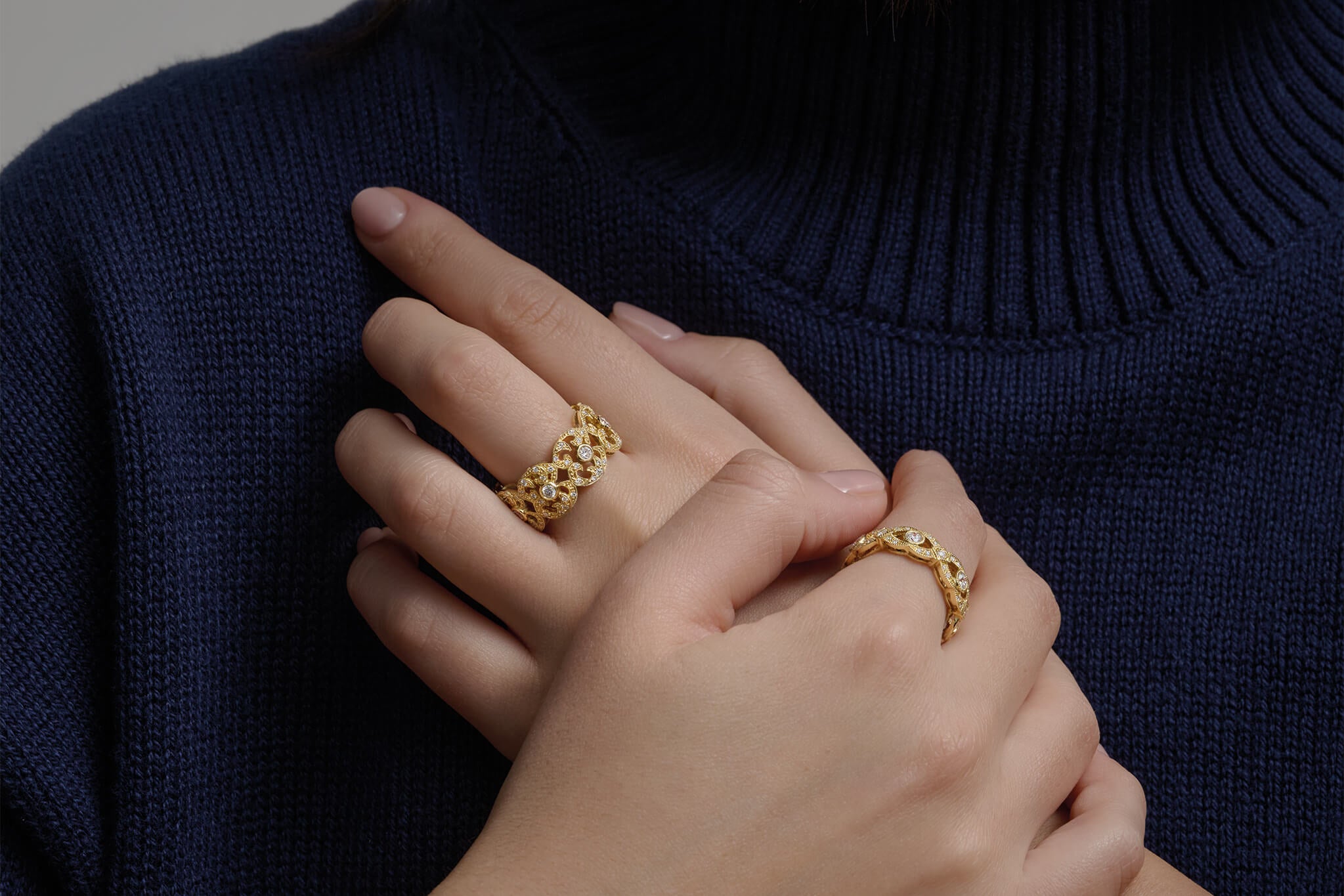 Model wearing handcrafted gold jewellery inspired by Turkey and Bulgaria.