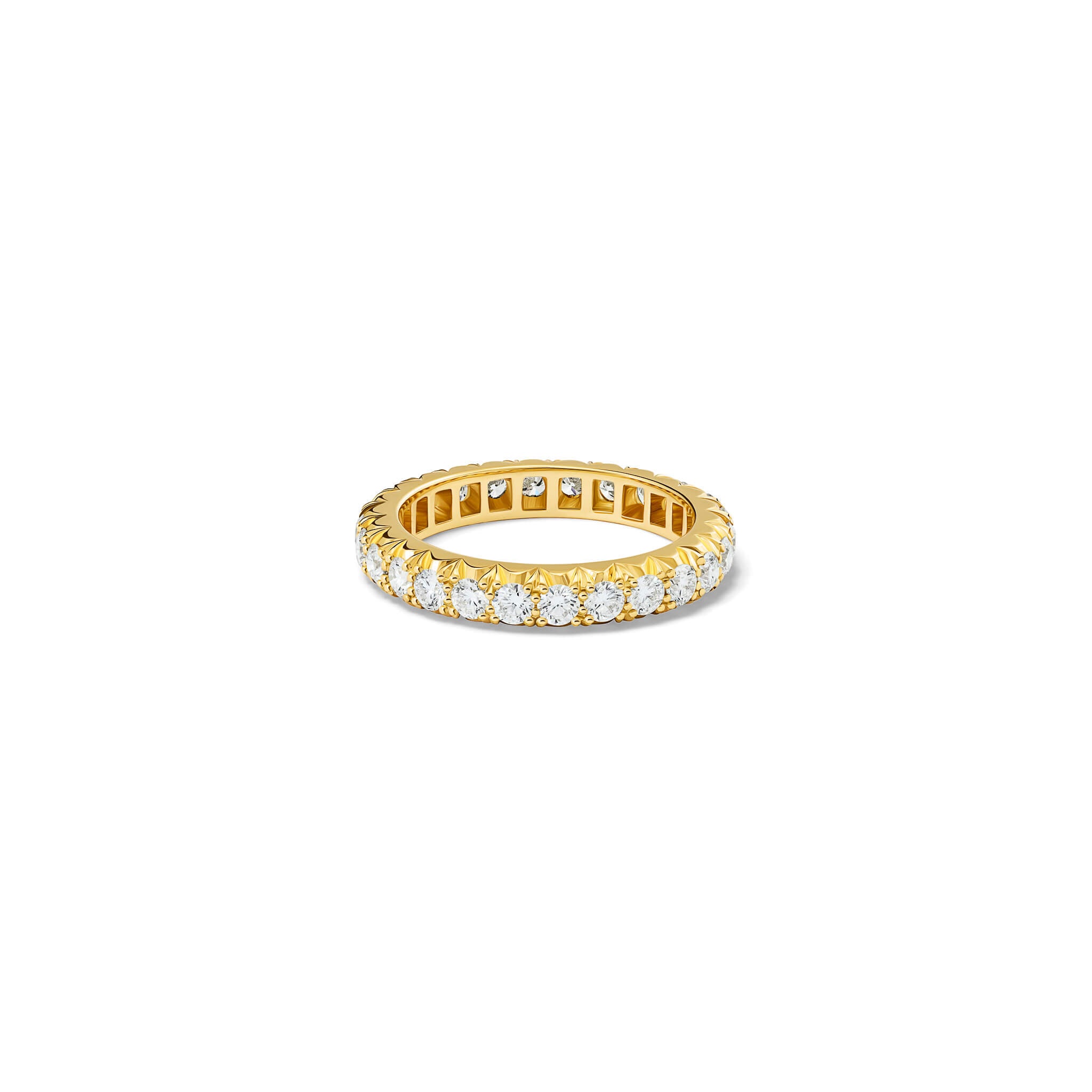 Handcrafted 18ct yellow gold eternity ring with diamonds set in a claw setting.